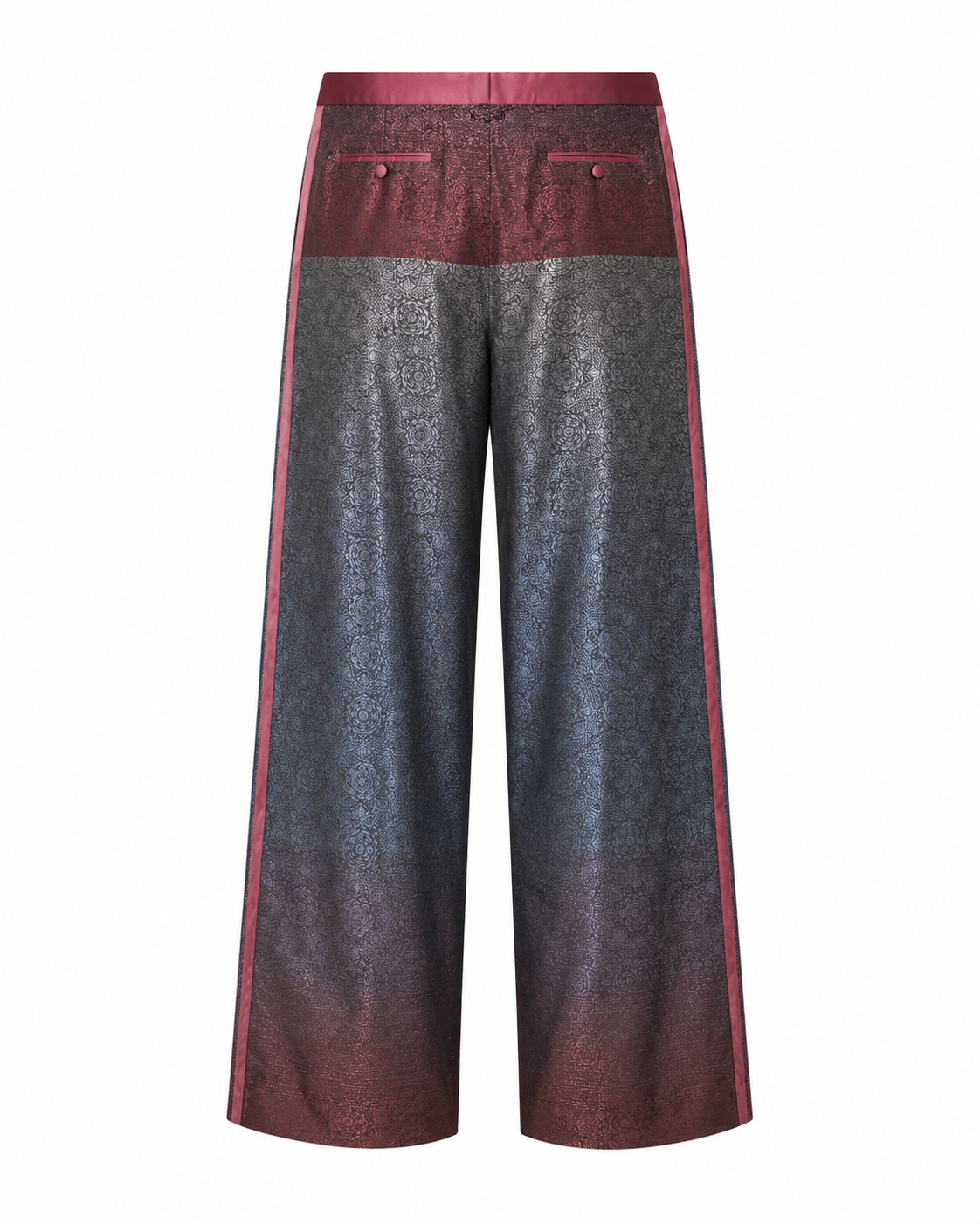 The Tailory New York burgundy charcoal jacquard tuxedo pants back view