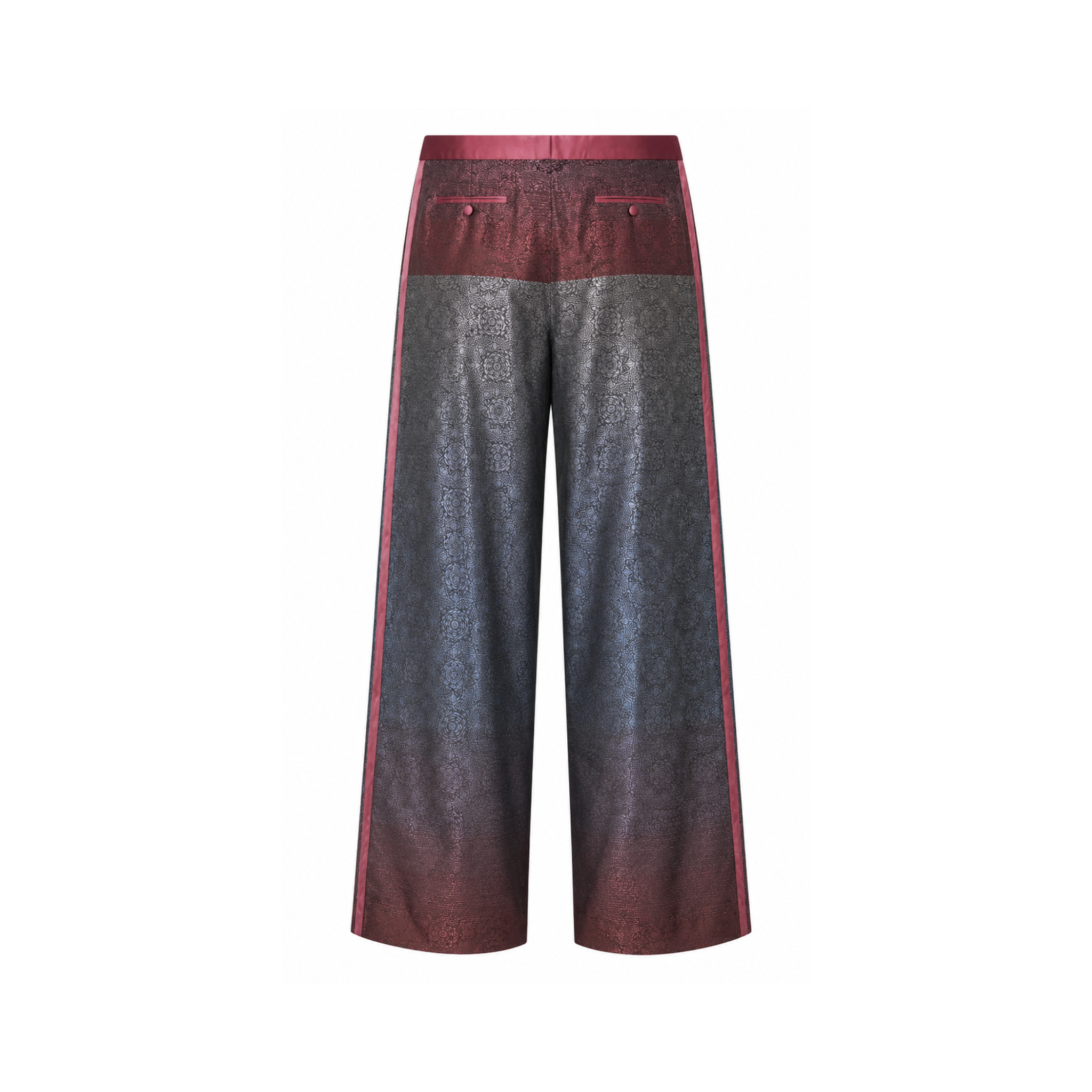 The Tailory New York burgundy charcoal jacquard tuxedo pants back view