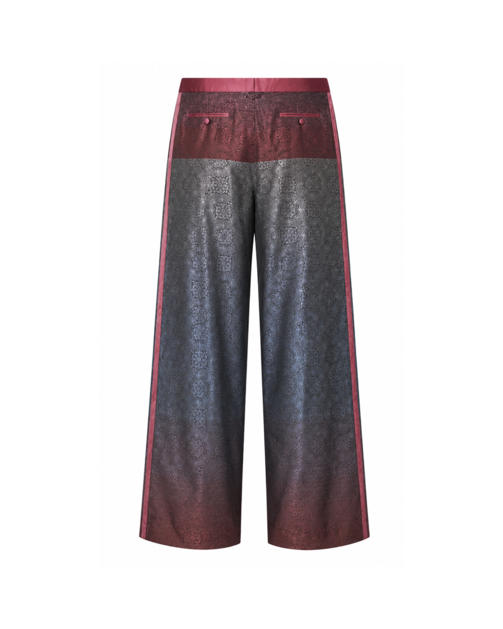 The Tailory New York burgundy charcoal jacquard tuxedo pants back view