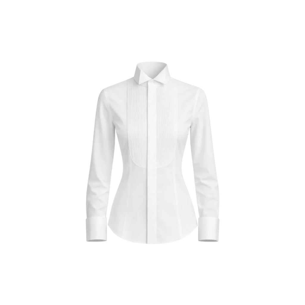 Tailory white cotton tuxedo shirt pleated bib front view