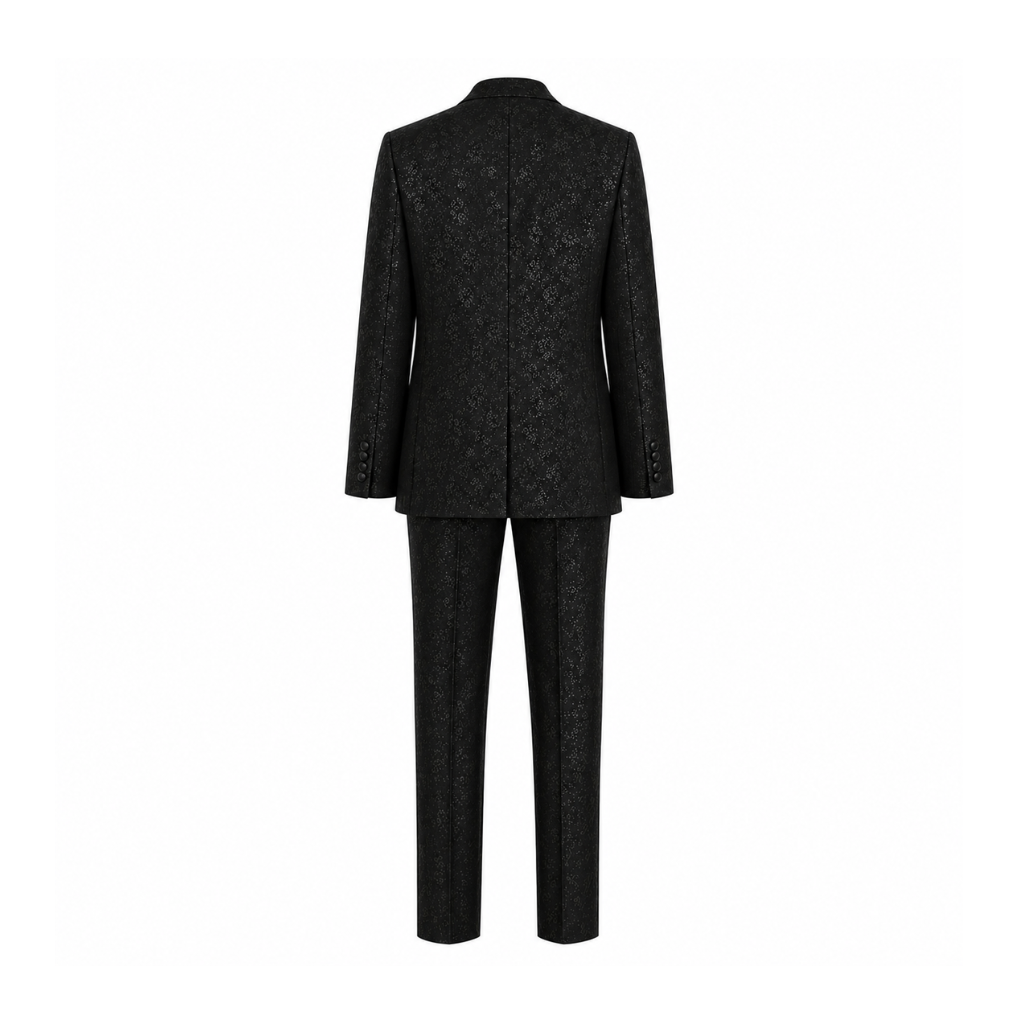 Tailory black floral jacquard three-piece tuxedo suit back view