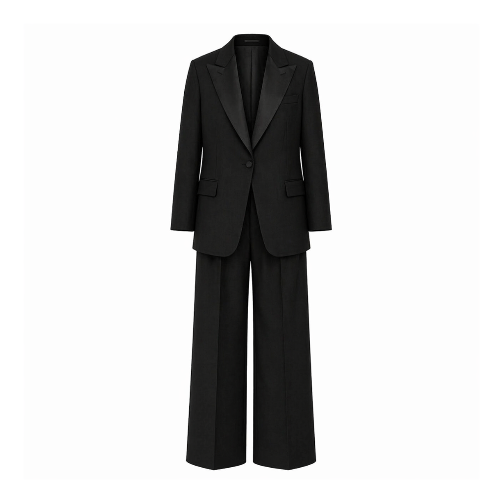 Tailory black tuxedo suit satin peak lapel front view