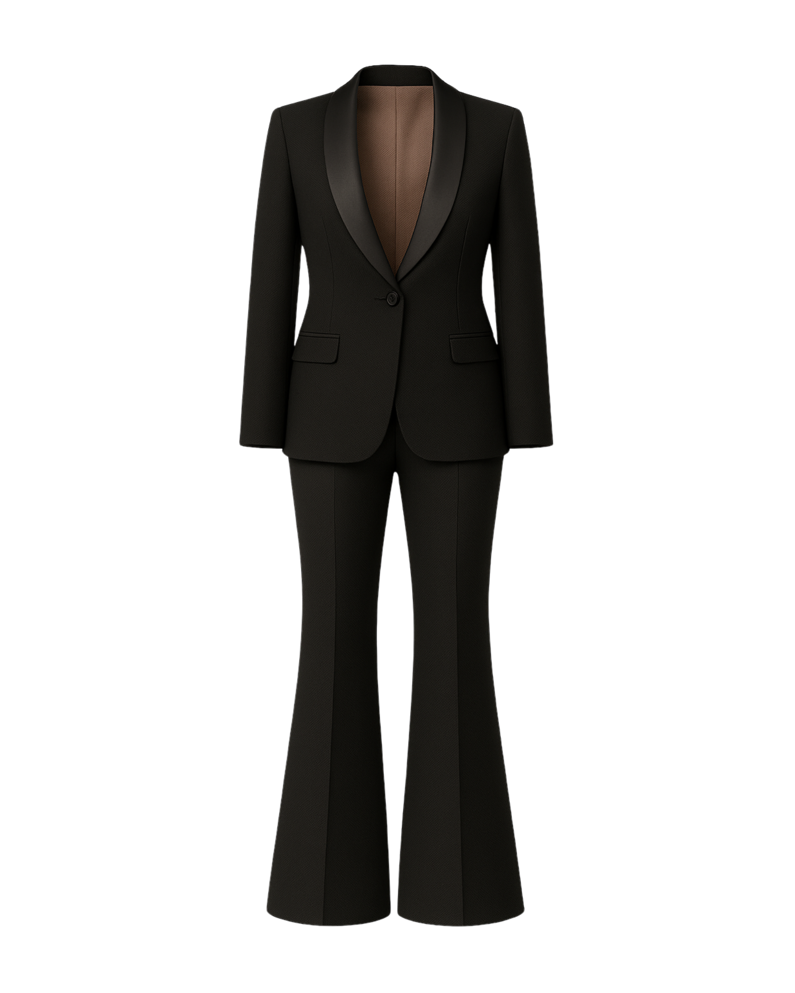 Tailory black formal tuxedo suit with satin shawl lapels front view