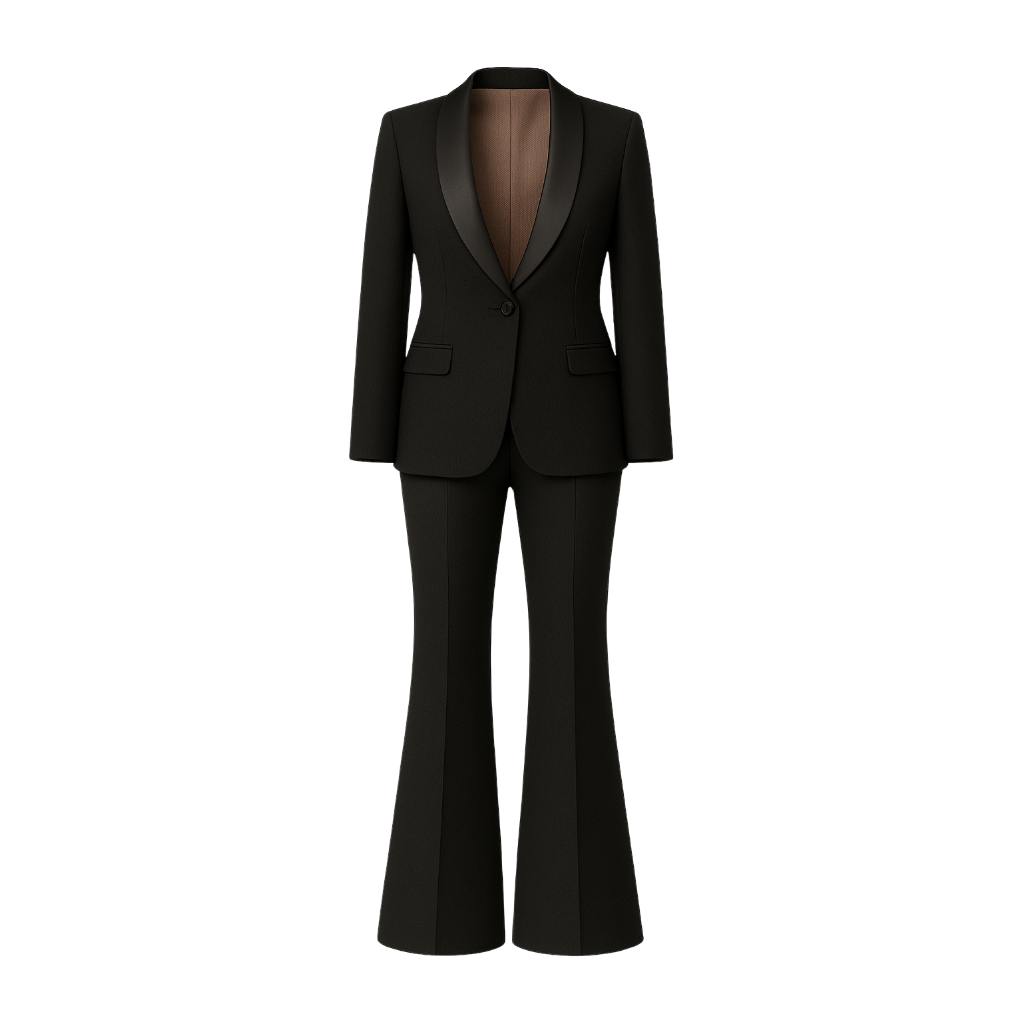 Tailory black formal tuxedo suit with satin shawl lapels front view