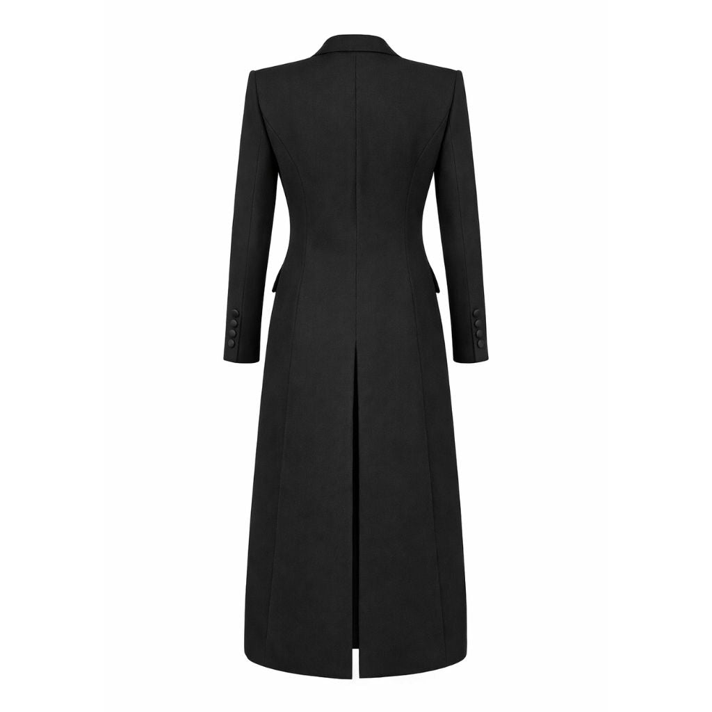 Tailory black full-length tuxedo coat back view