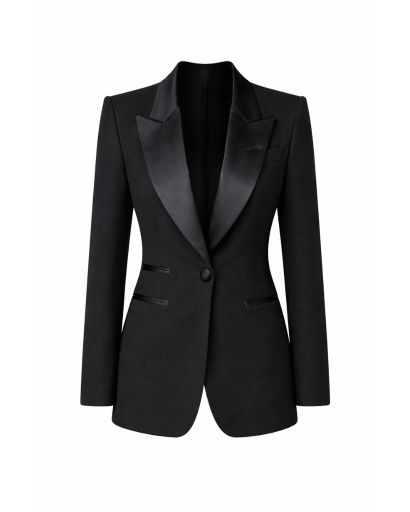 Tailory black wool gabardine tuxedo jacket with satin peak lapels front view