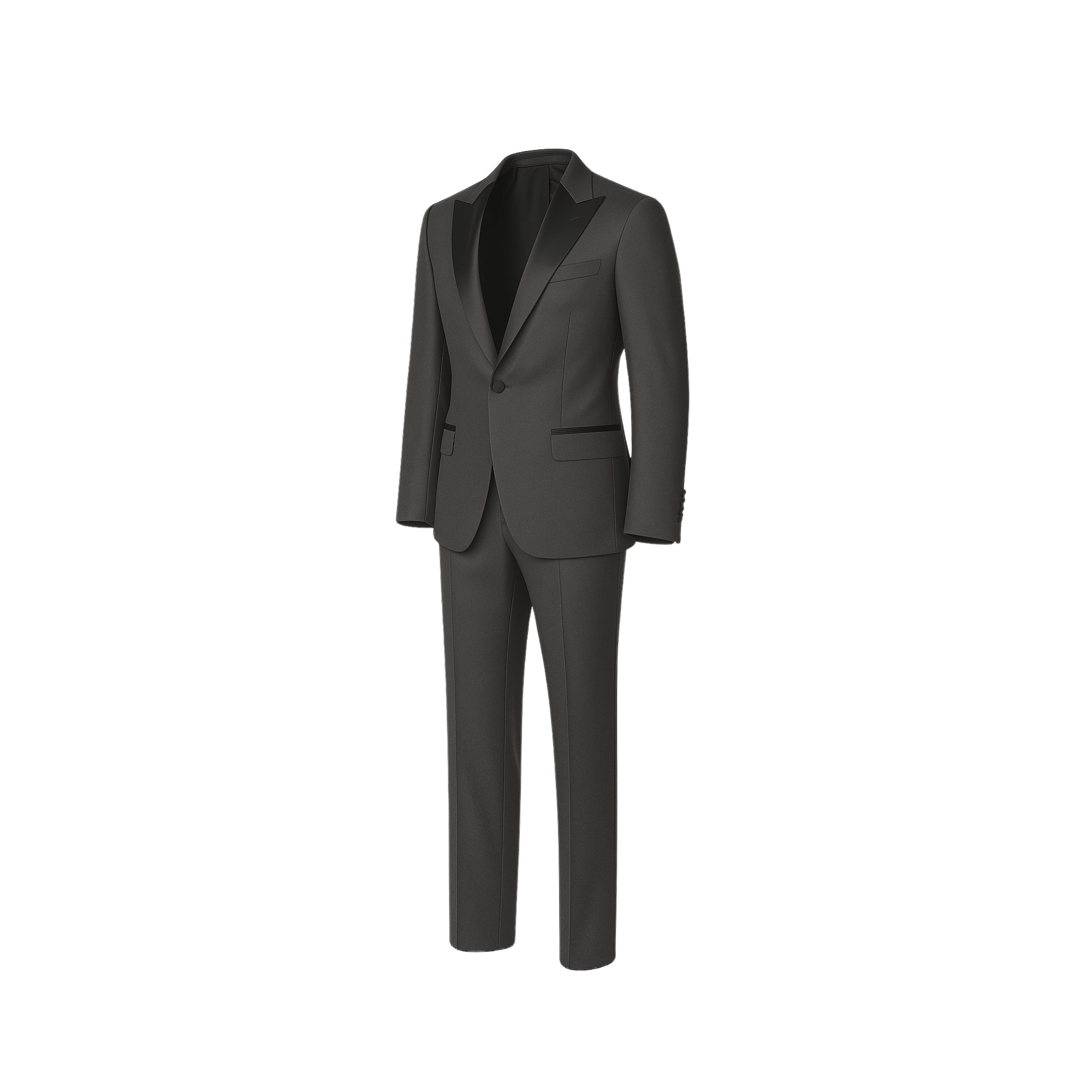 Tailory charcoal gray peak lapel wool tuxedo side view