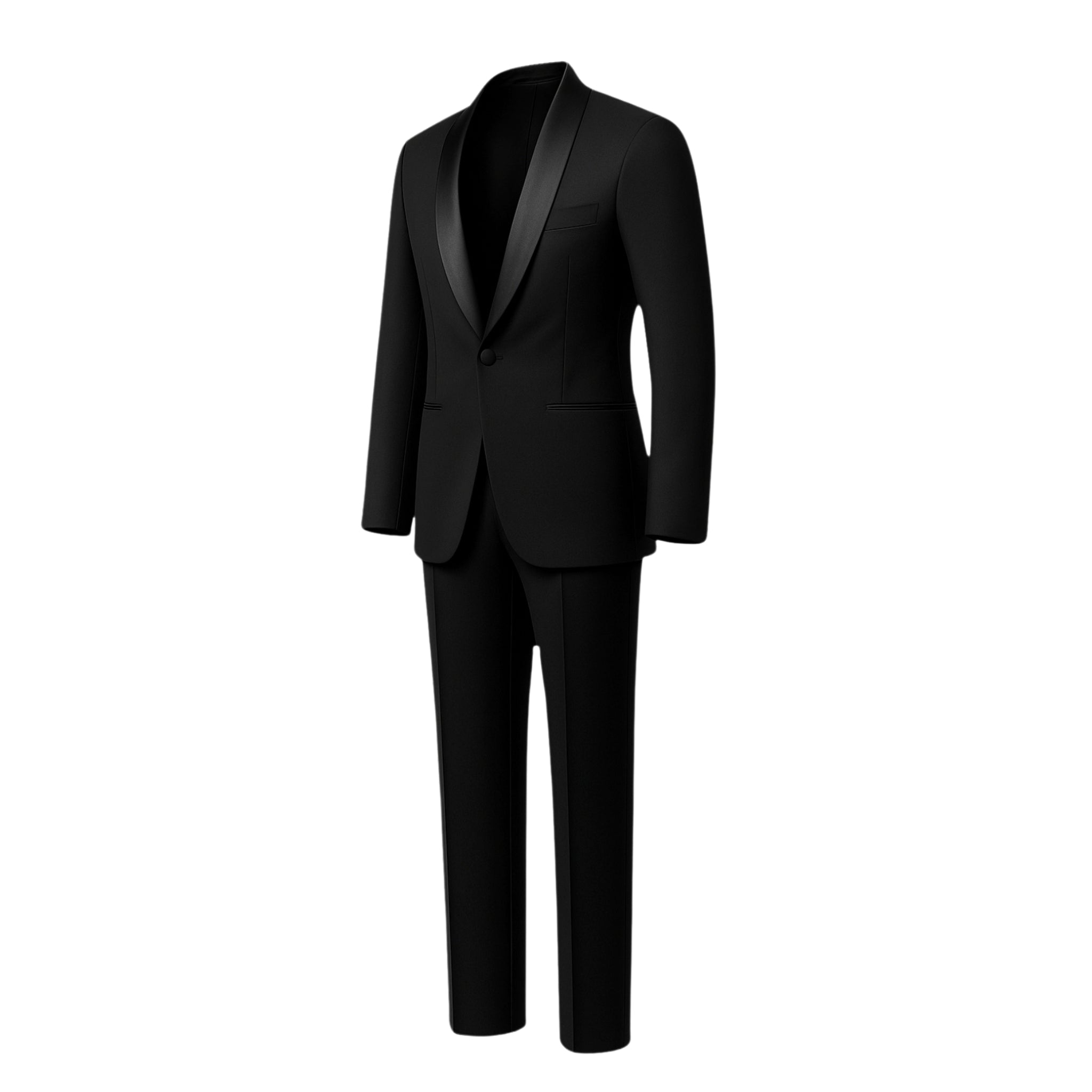 Tailory jet black shawl lapel wool tuxedo side view