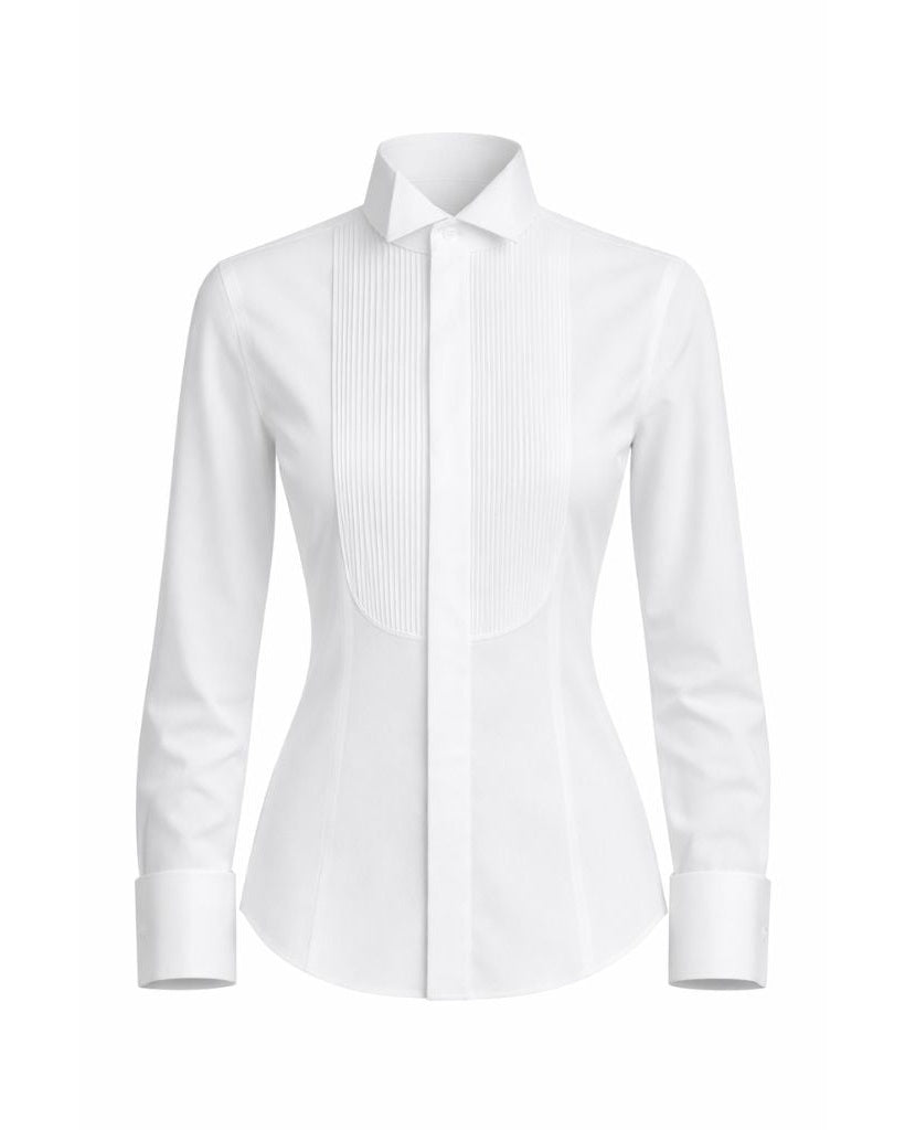 Tailory white micro-pleat tuxedo shirt with wingtip collar front view