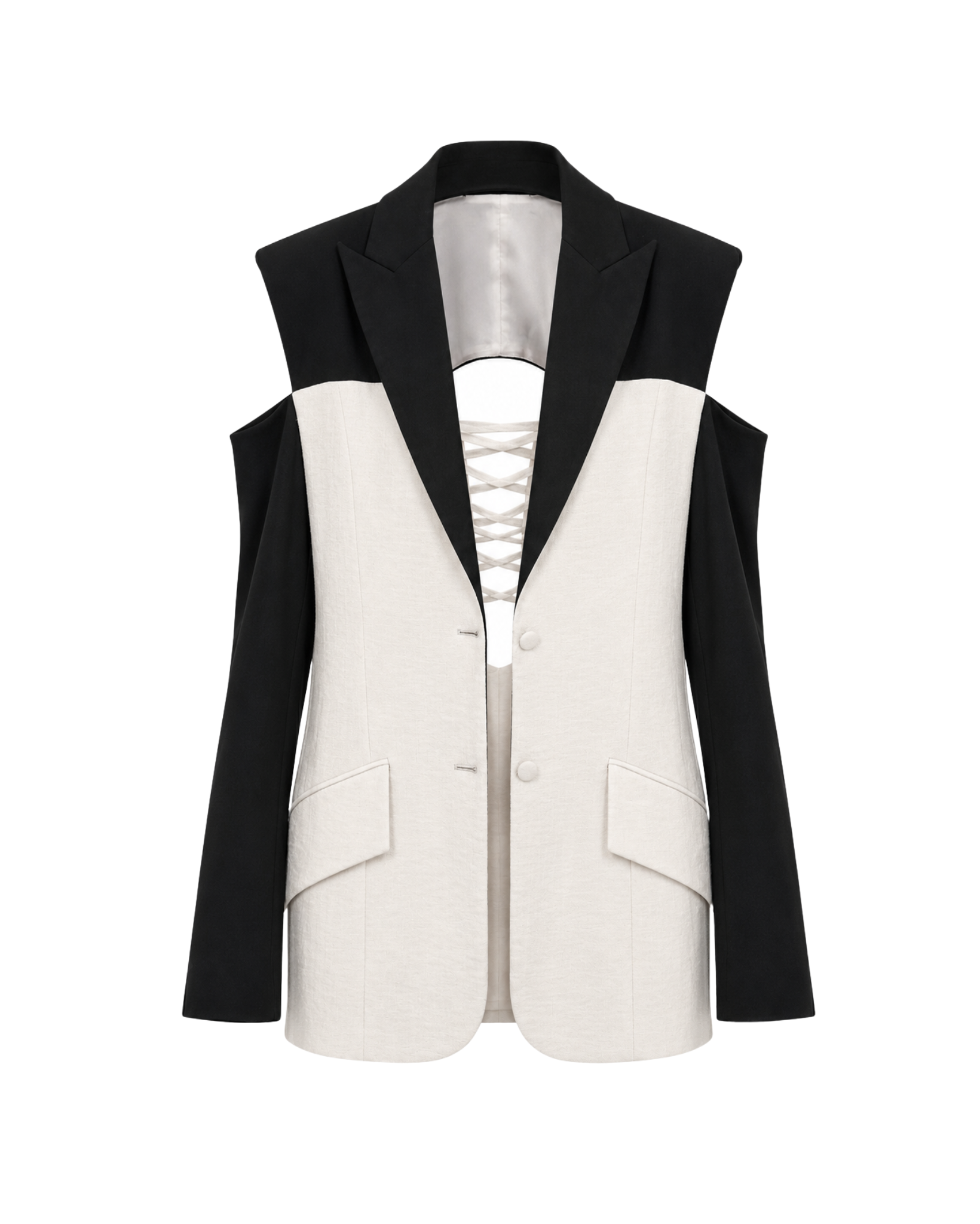 Black and white sleeveless blazer on a white background