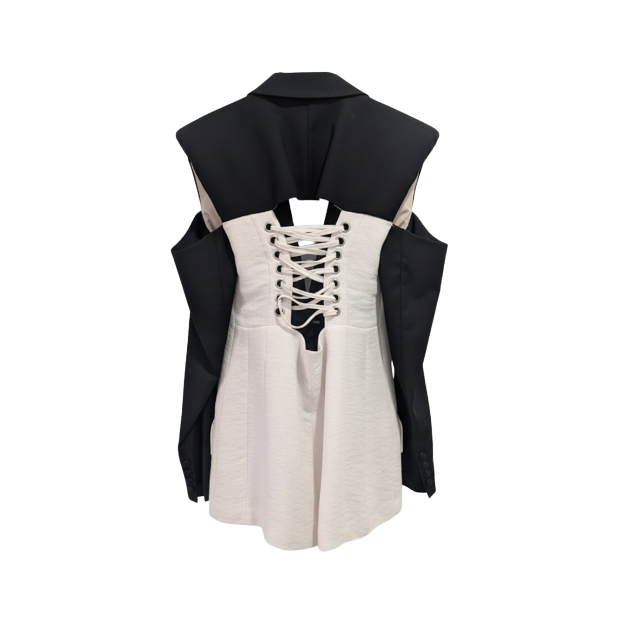 Back view of cream and black tailored jacket with open shoulder design.