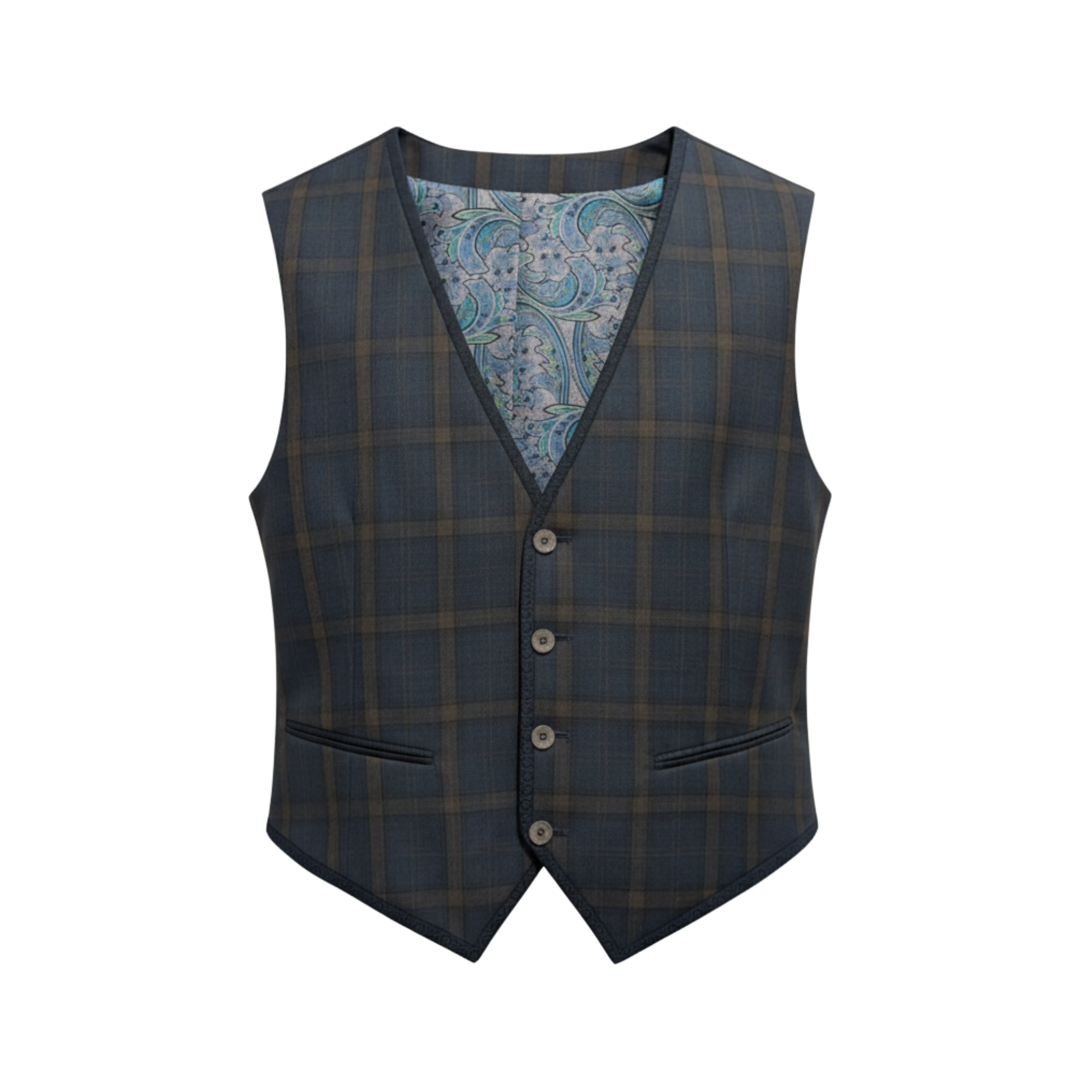 Plaid vest with a paisley patterned lining on a white background