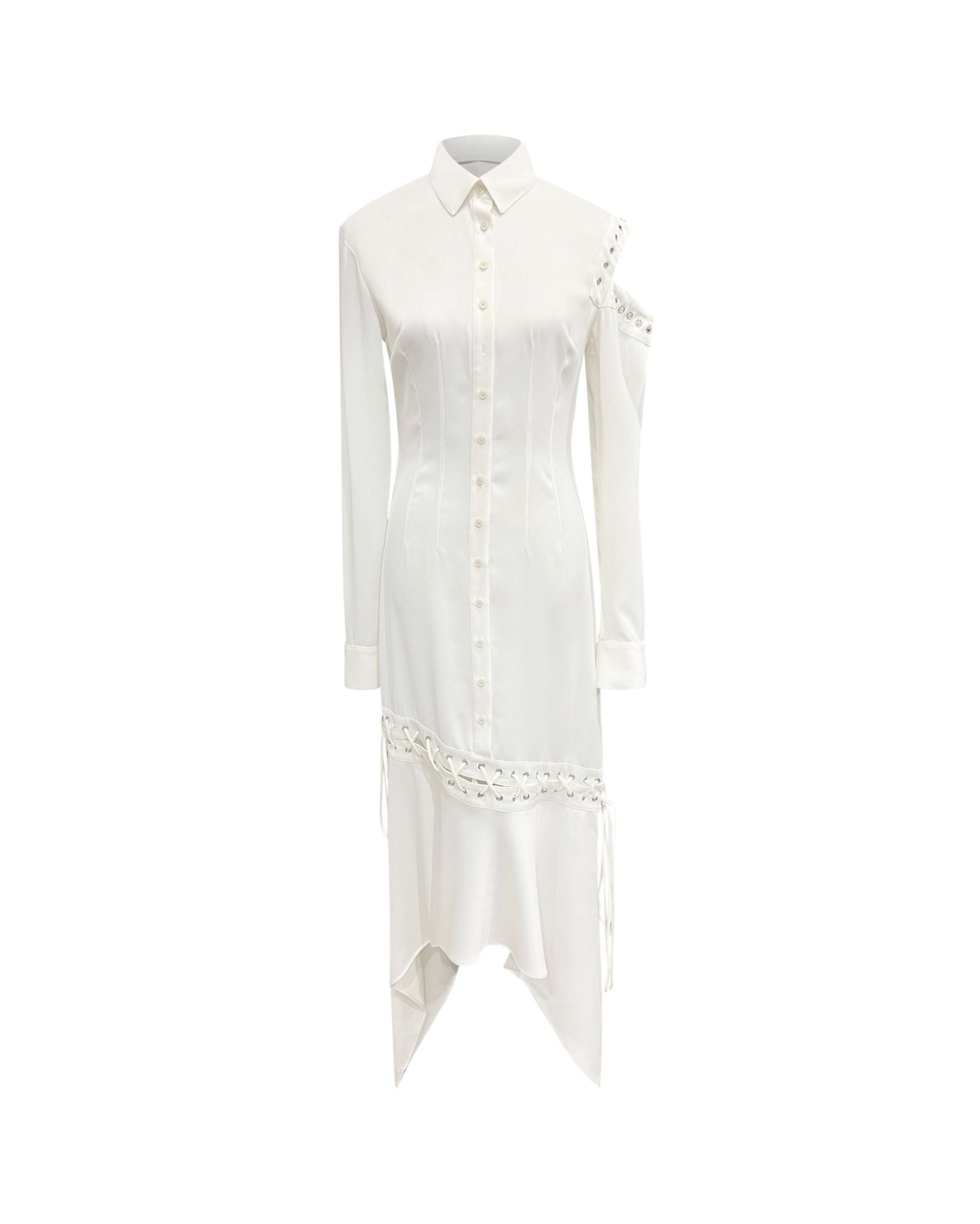 white_cutout_shirtdress_front — Tailory white cut-out shirtdress front view