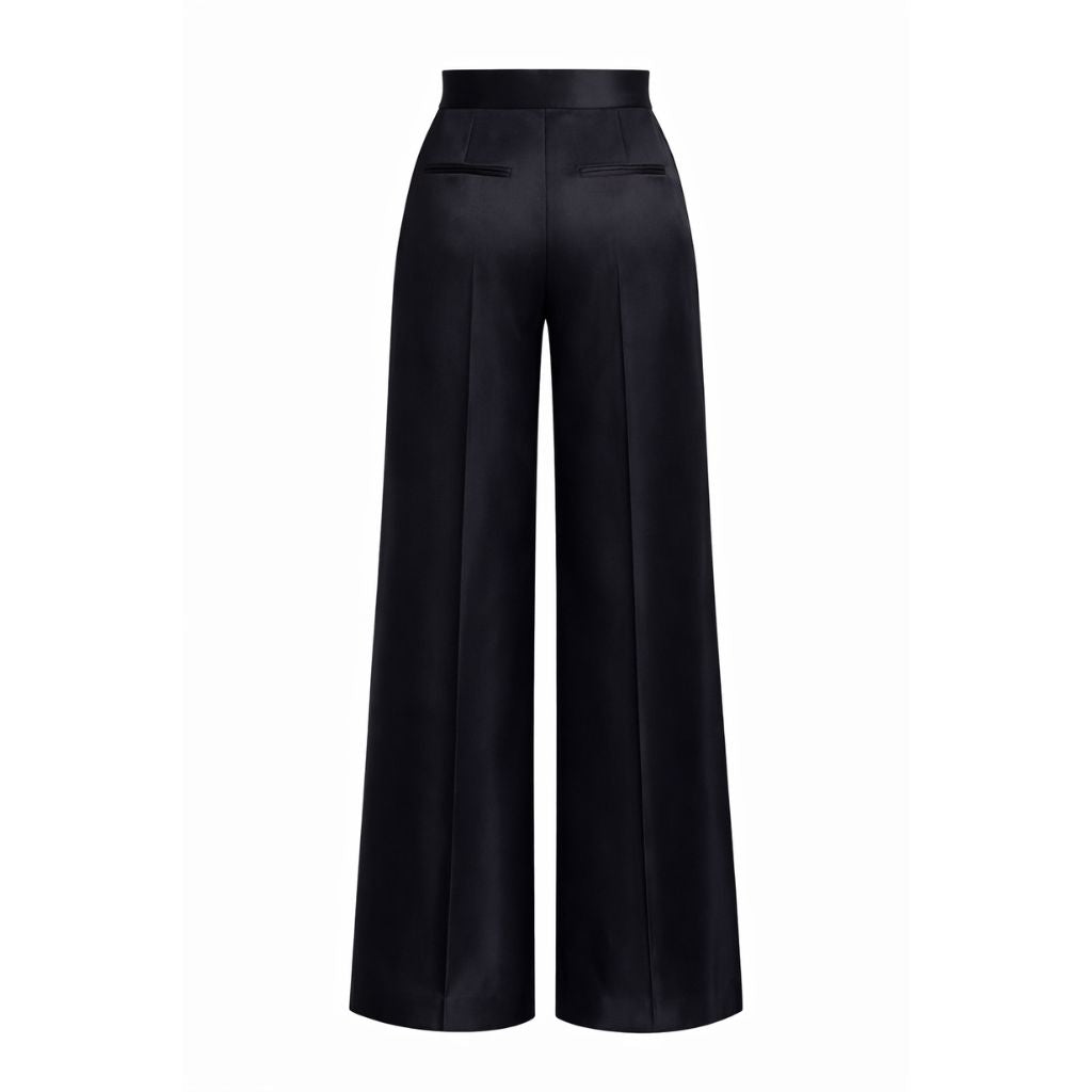 Tailory black silk satin wide-leg trousers back view