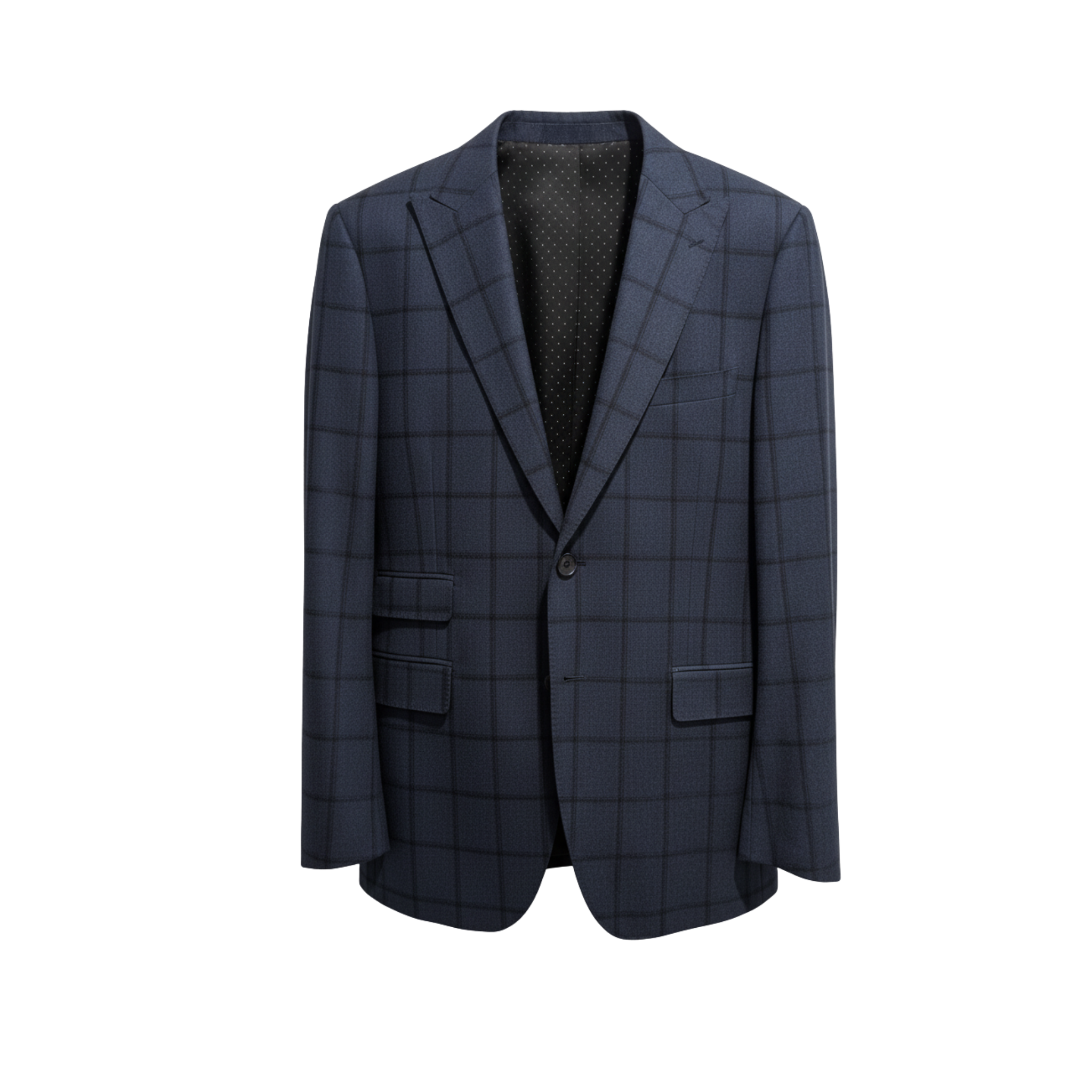 Tailory navy windowpane wool jacket with peak lapels and flap pockets front view