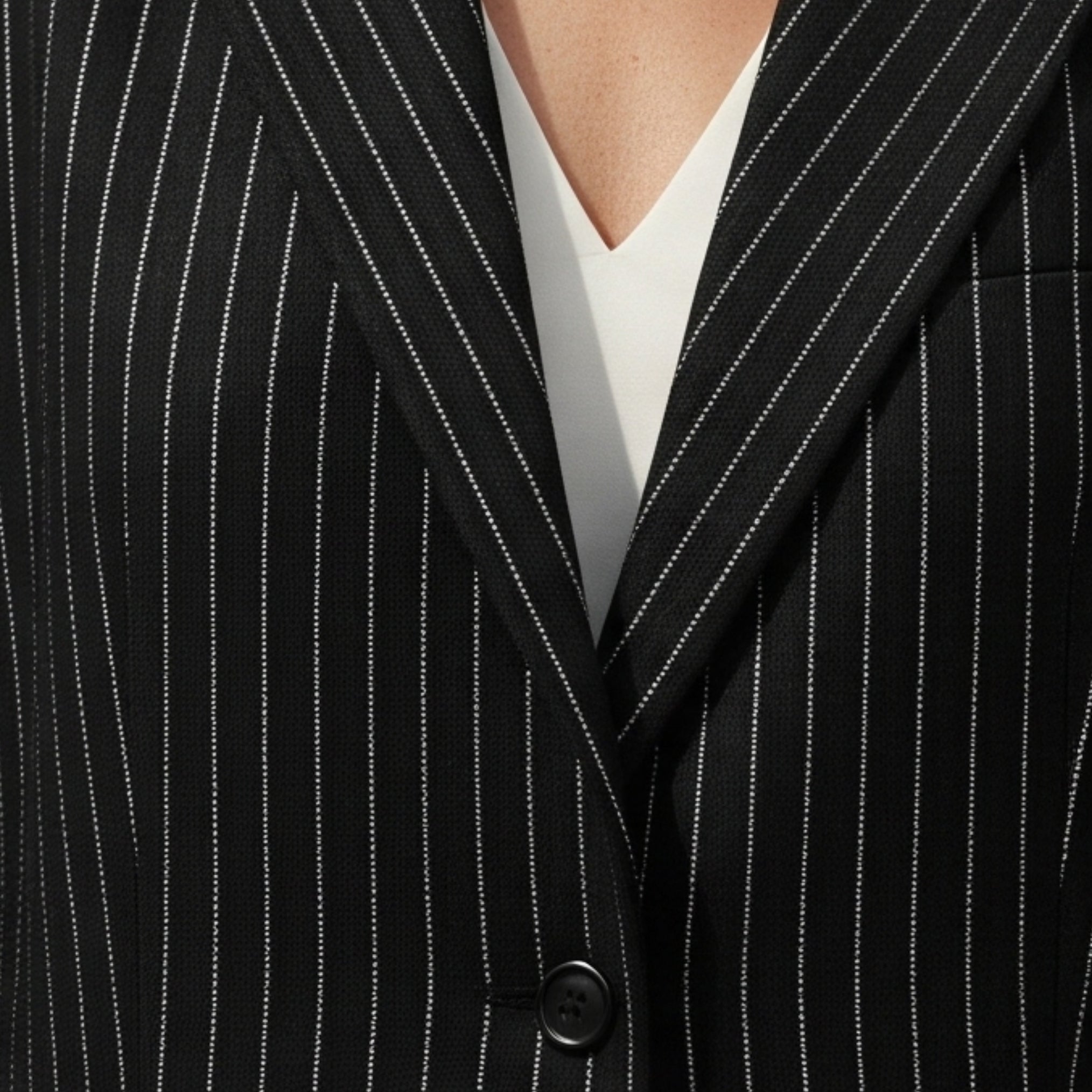 Tailory black white pinstripe wool fabric detail