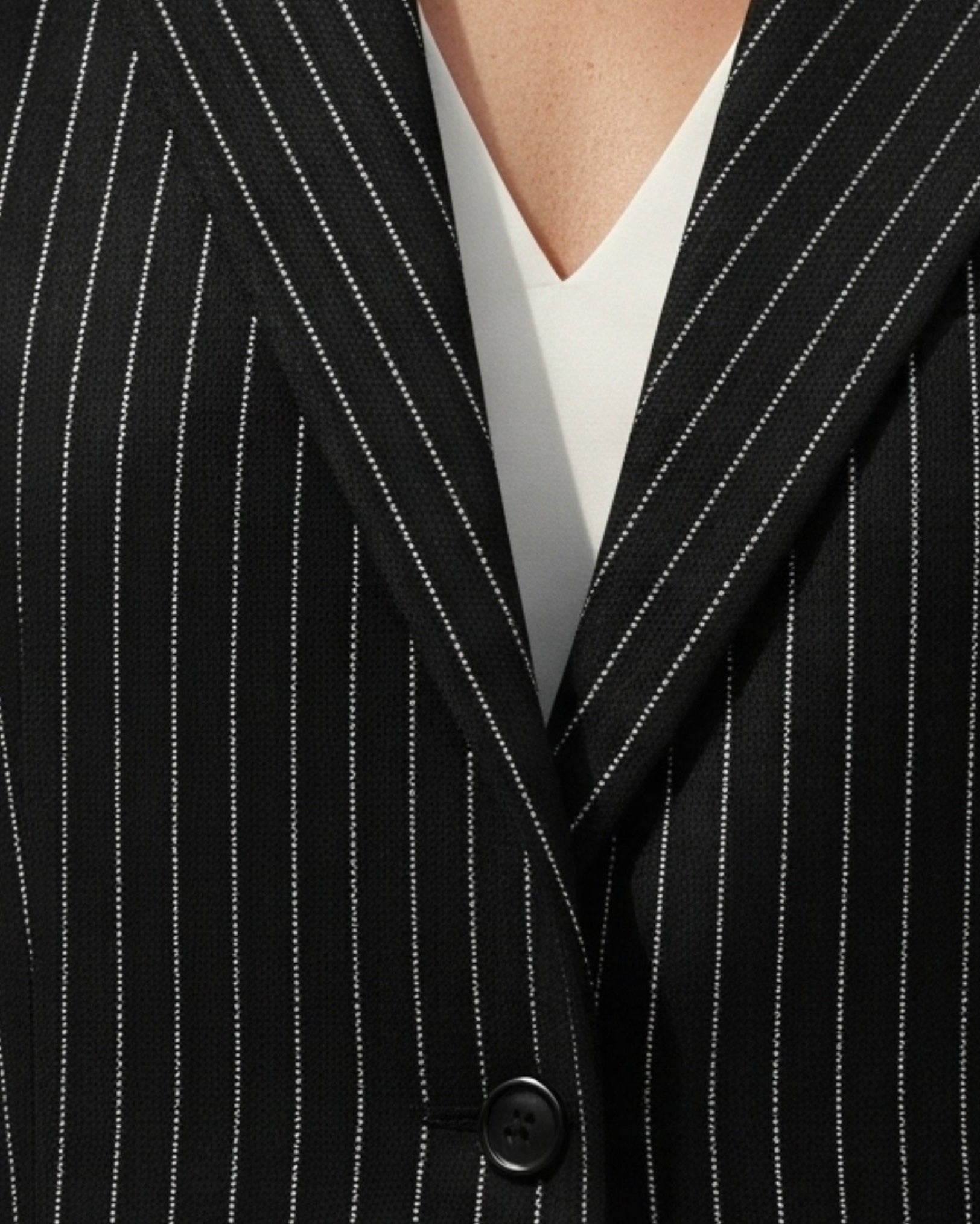 Tailory black white pinstripe wool fabric detail