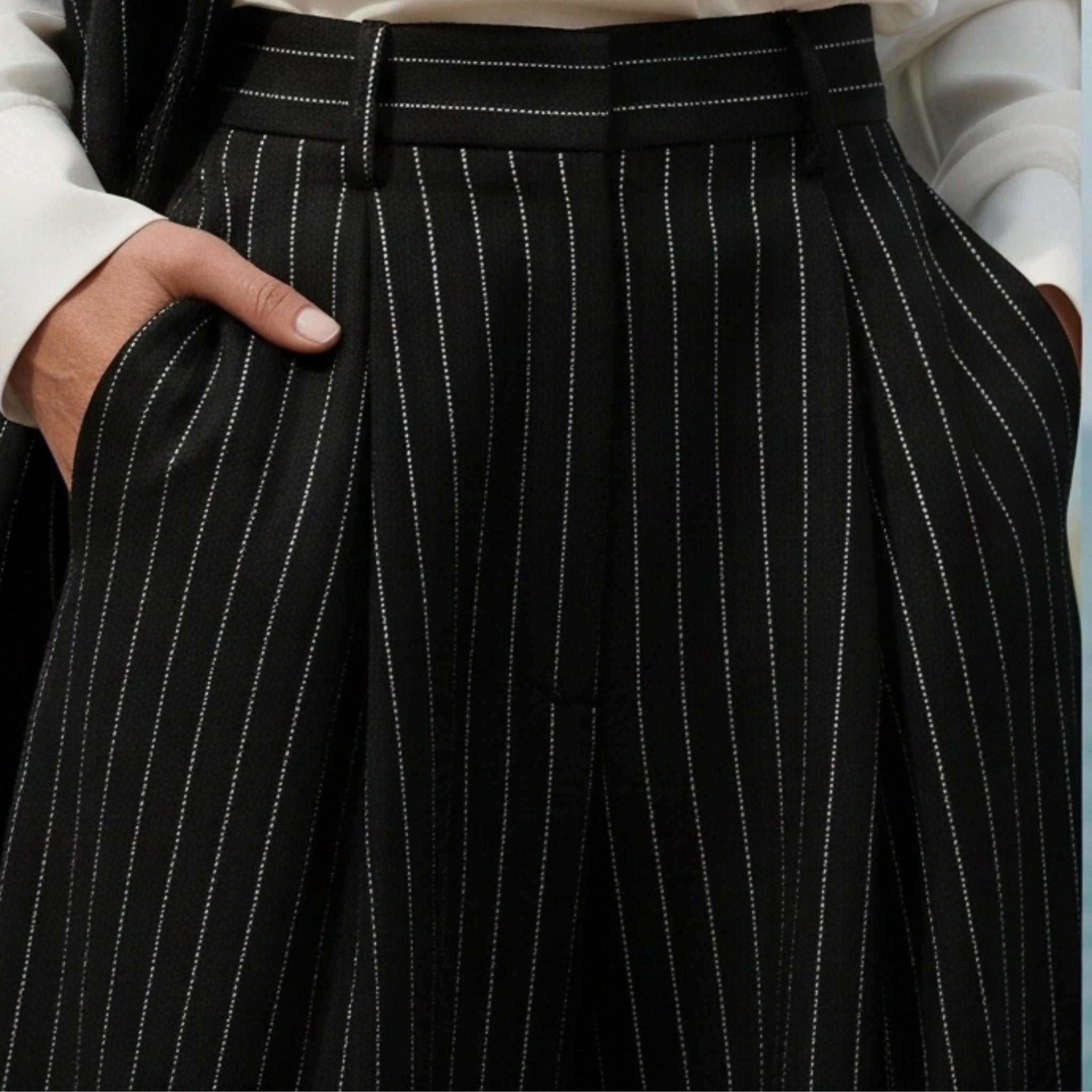 Tailory black white pinstripe wool fabric detail