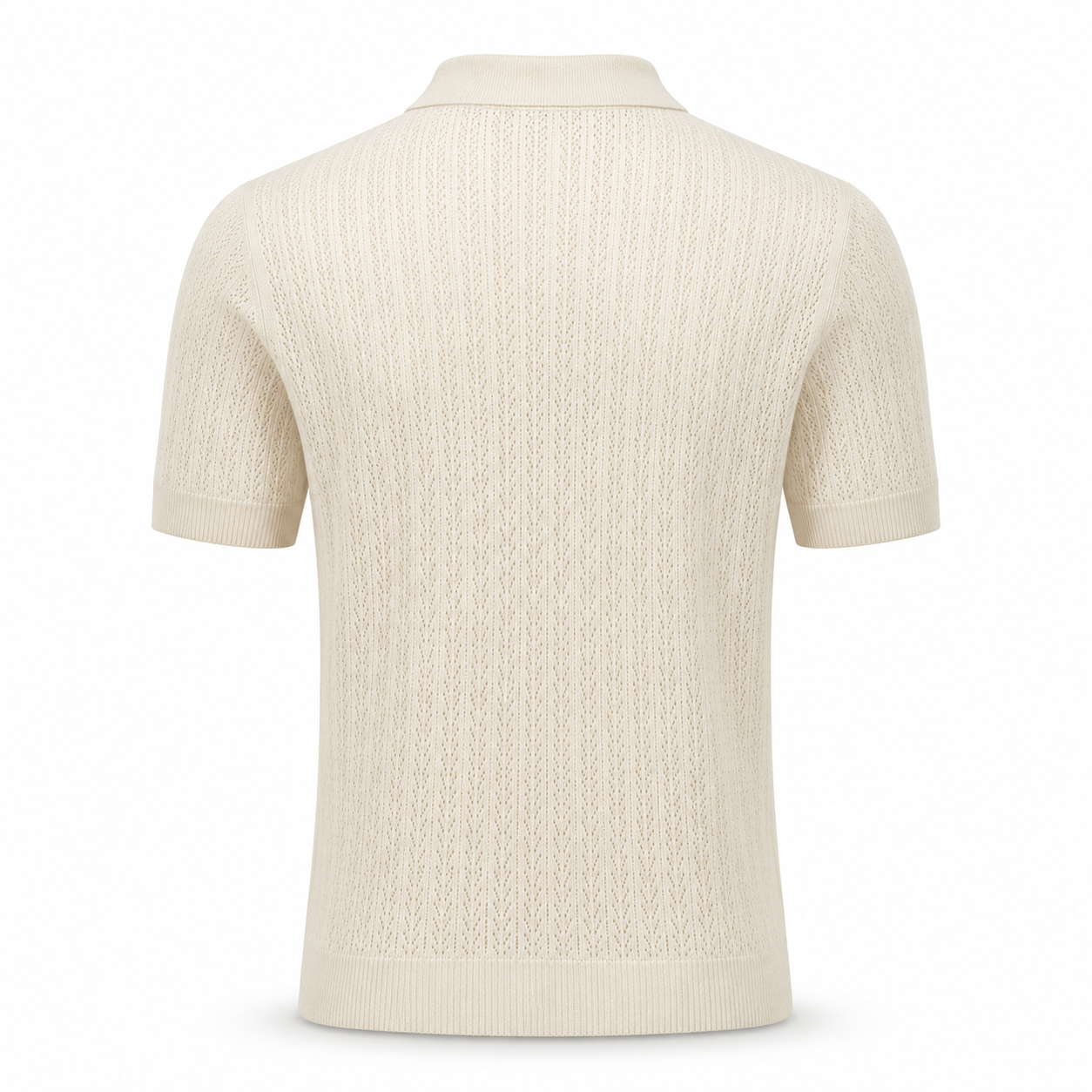 Loro Piana Cashmere Silk Linen Polo Shirt in a soft cream shade, featuring a finely detailed openwork knit back, short sleeves, and a ribbed hem and cuffs for refined leisurewear.