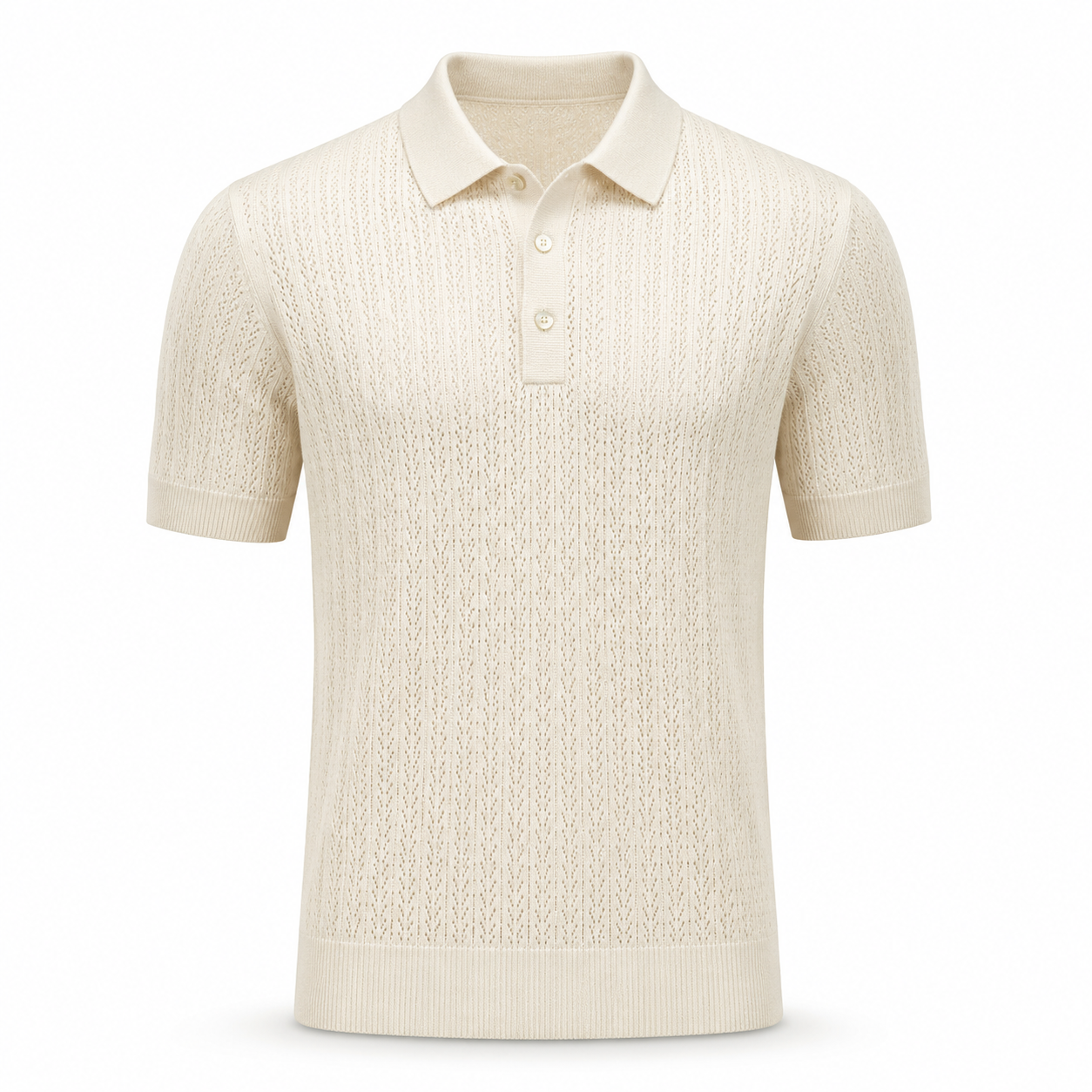 Loro Piana Cashmere Silk Linen Polo Shirt in a soft cream tone, featuring an openwork knit pattern, short sleeves, and a classic three-button placket for refined leisure dressing.