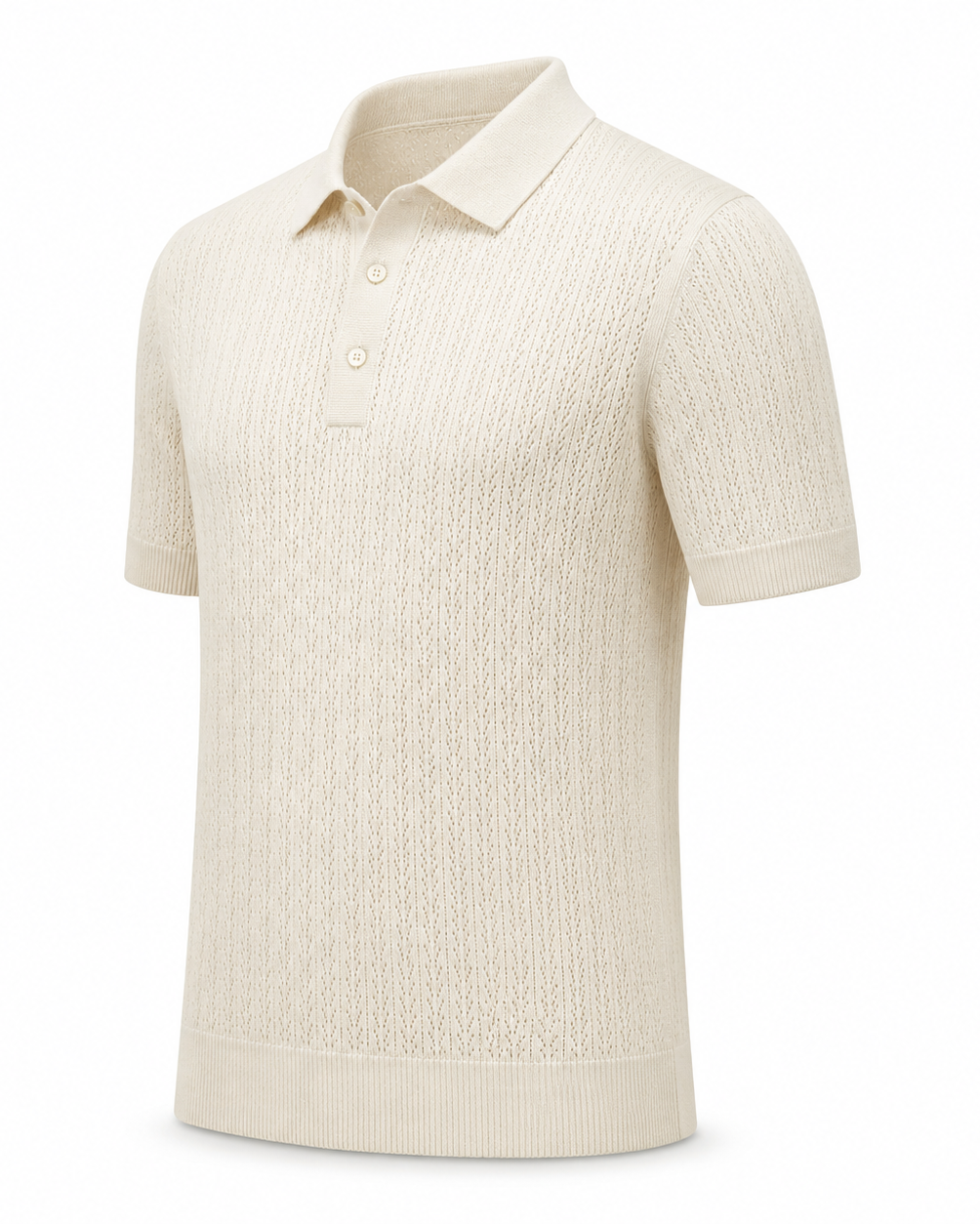 Loro Piana Cashmere Silk Linen Polo Shirt in a soft cream hue, showcasing a delicate openwork knit texture, short sleeves, and a refined three-button placket for elegant leisurewear.