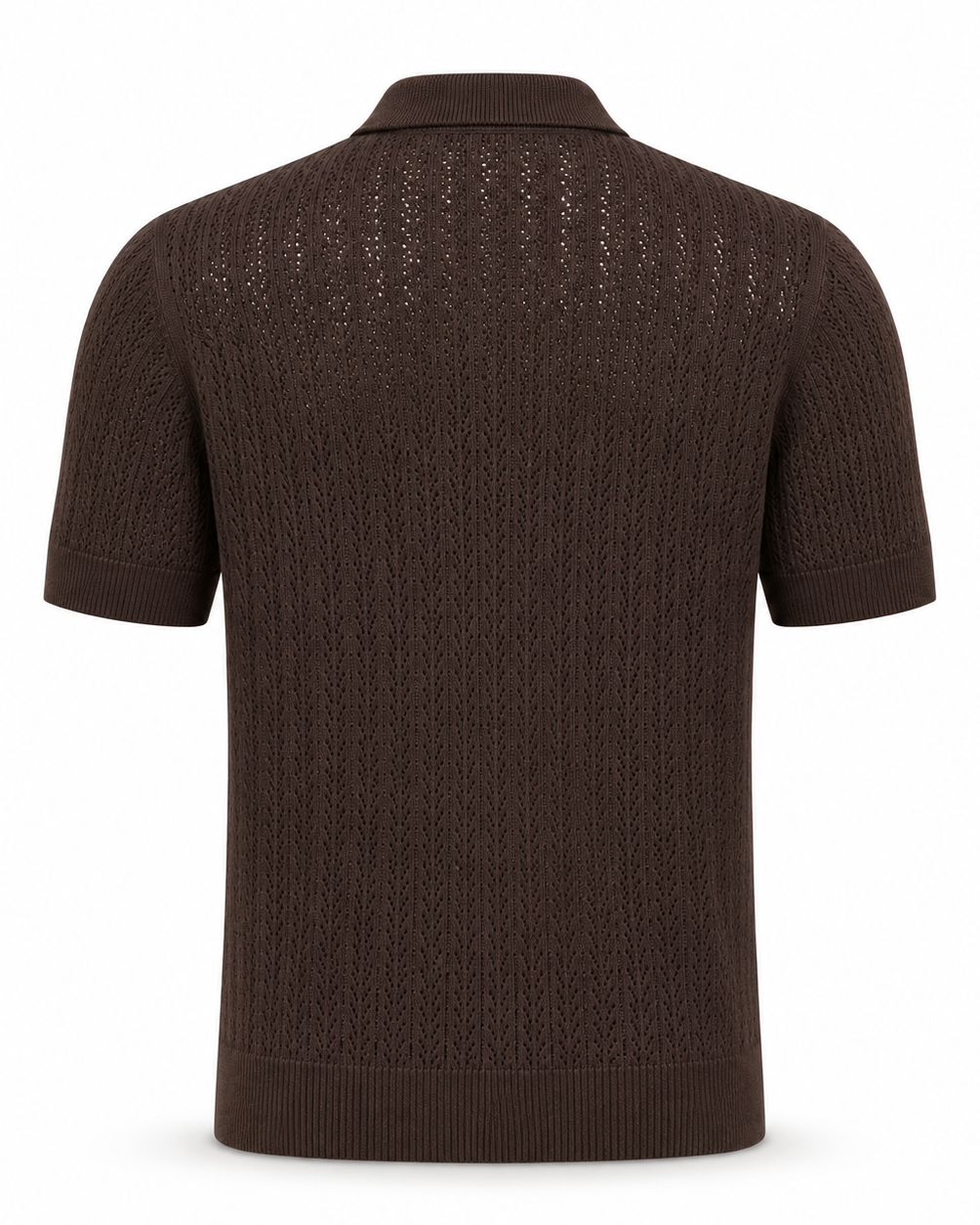 Loro Piana Cashmere Silk Linen Polo Shirt in dark brown, featuring a finely detailed open-knit pattern, short sleeves, ribbed collar and hem for an elevated summer leisurewear look.