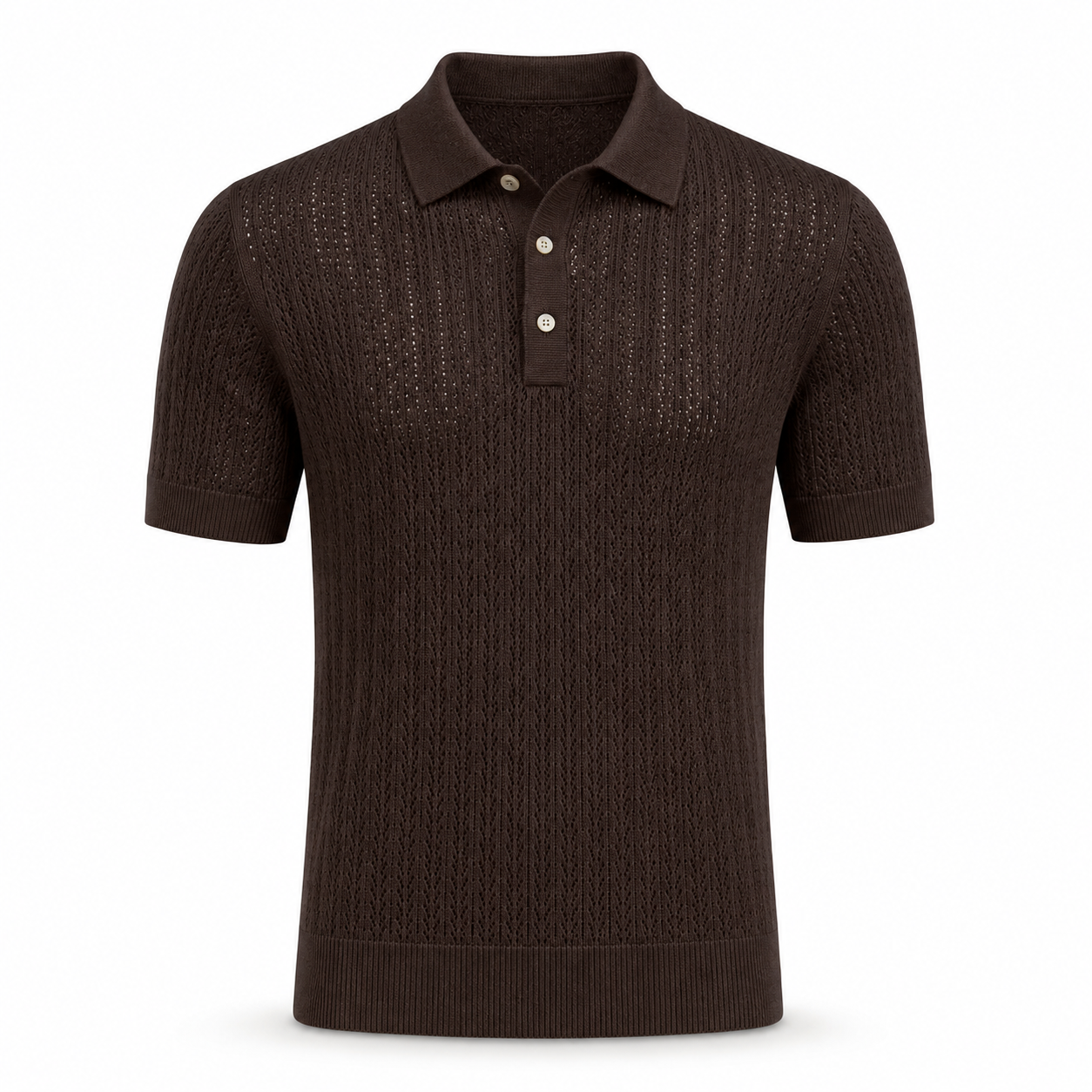 Loro Piana Cashmere Silk Linen Polo Shirt in rich dark brown, showcasing a breathable open-knit pattern, short sleeves, a classic collar, and a refined three-button placket for elegant summer leisurewear.
