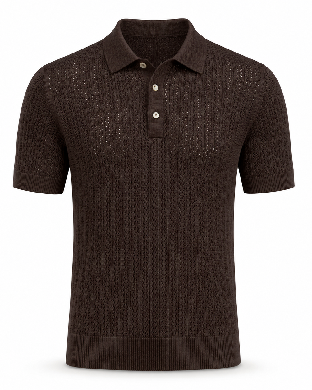 Loro Piana Cashmere Silk Linen Polo Shirt in rich dark brown, showcasing a breathable open-knit pattern, short sleeves, a classic collar, and a refined three-button placket for elegant summer leisurewear.