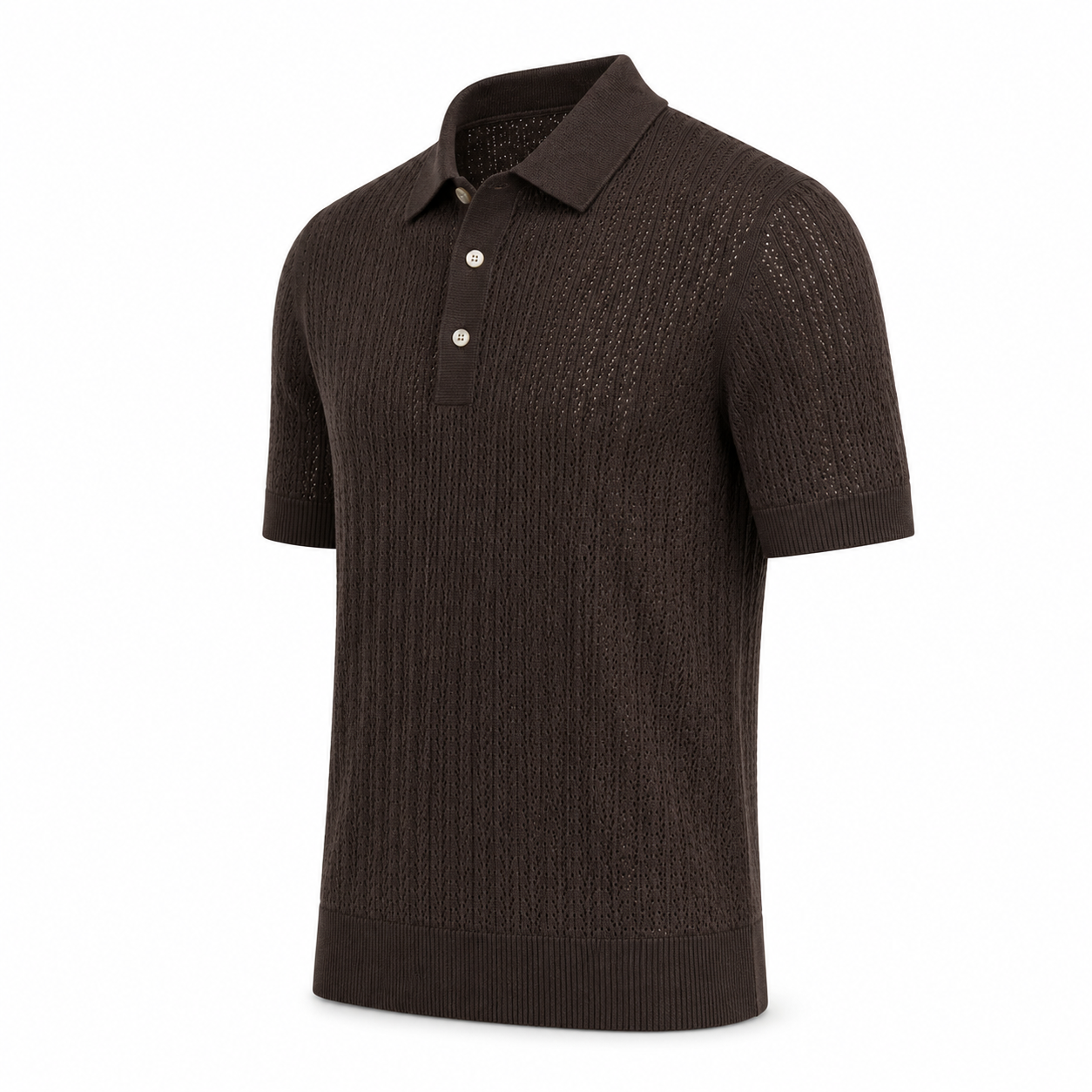 Loro Piana Cashmere Silk Linen Polo Shirt in a rich dark brown featuring a finely textured open-knit pattern, short sleeves, classic collar, and a sophisticated three-button placket.