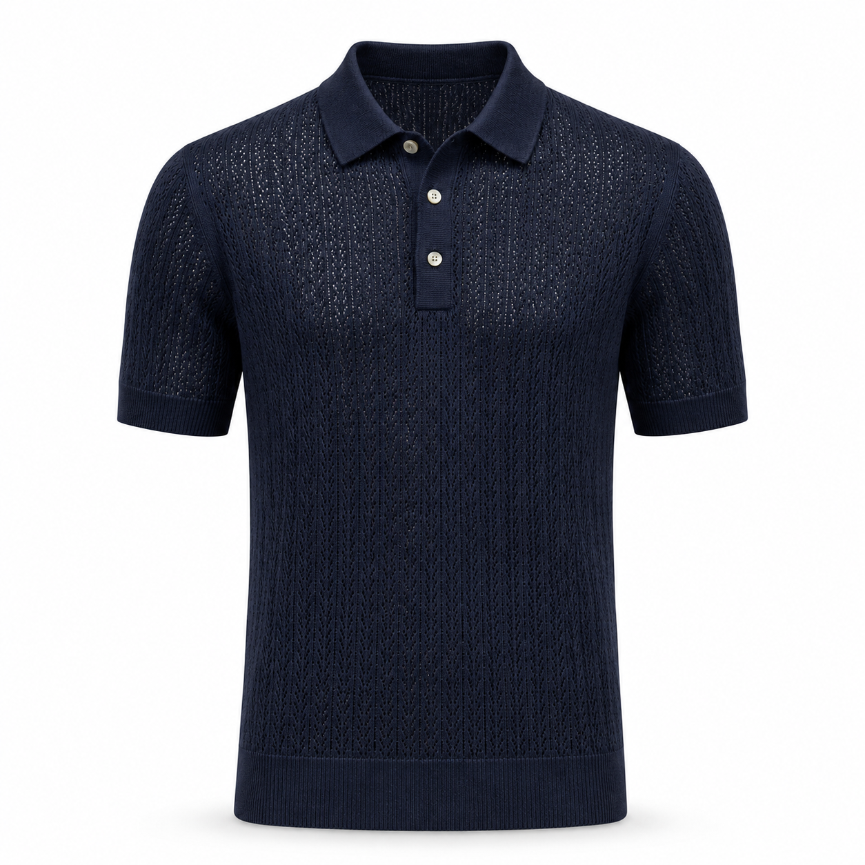 Loro Piana Cashmere Silk Linen Polo Shirt in a deep navy, featuring a lightweight openwork pattern, short sleeves, a classic collar, and a three-button placket for elevated summer leisurewear.