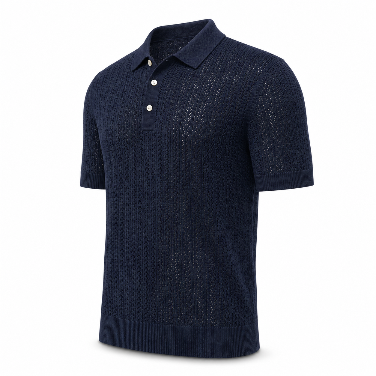 Loro Piana Cashmere Silk Linen Polo Shirt in navy, crafted with a textured openwork pattern, short sleeves, a classic collar, and a three-button placket for refined summer leisurewear.