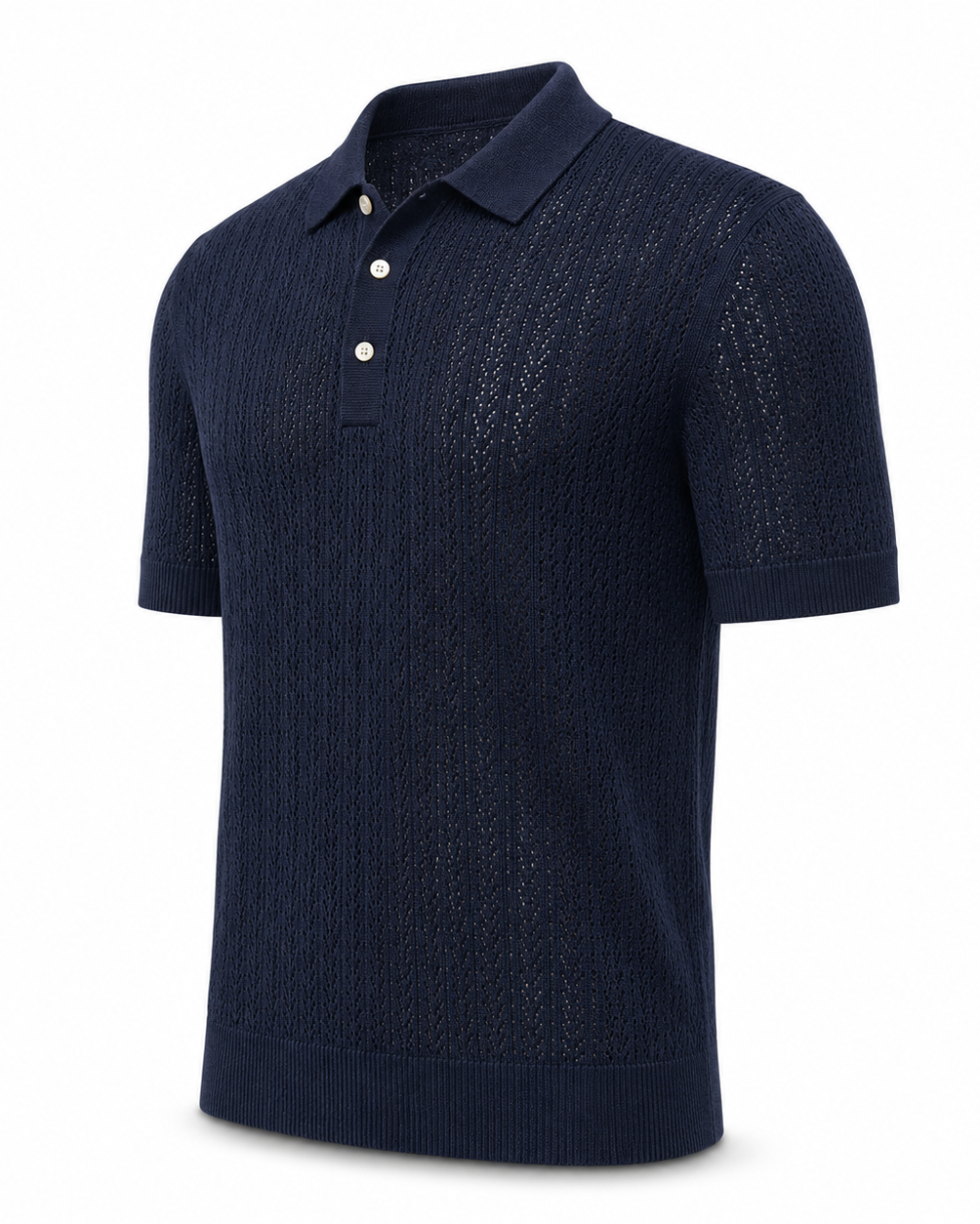 Loro Piana Cashmere Silk Linen Polo Shirt in navy, crafted with a textured openwork pattern, short sleeves, a classic collar, and a three-button placket for refined summer leisurewear.