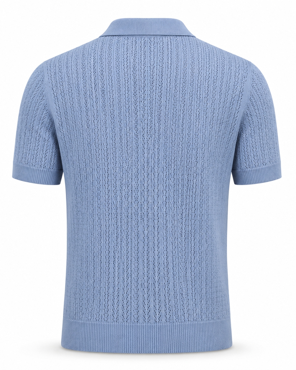Loro Piana Cashmere Silk Linen Polo Shirt in a soft powder blue, featuring a lightweight openwork knit texture, short sleeves, ribbed cuffs, and a classic collar for sophisticated leisurewear.