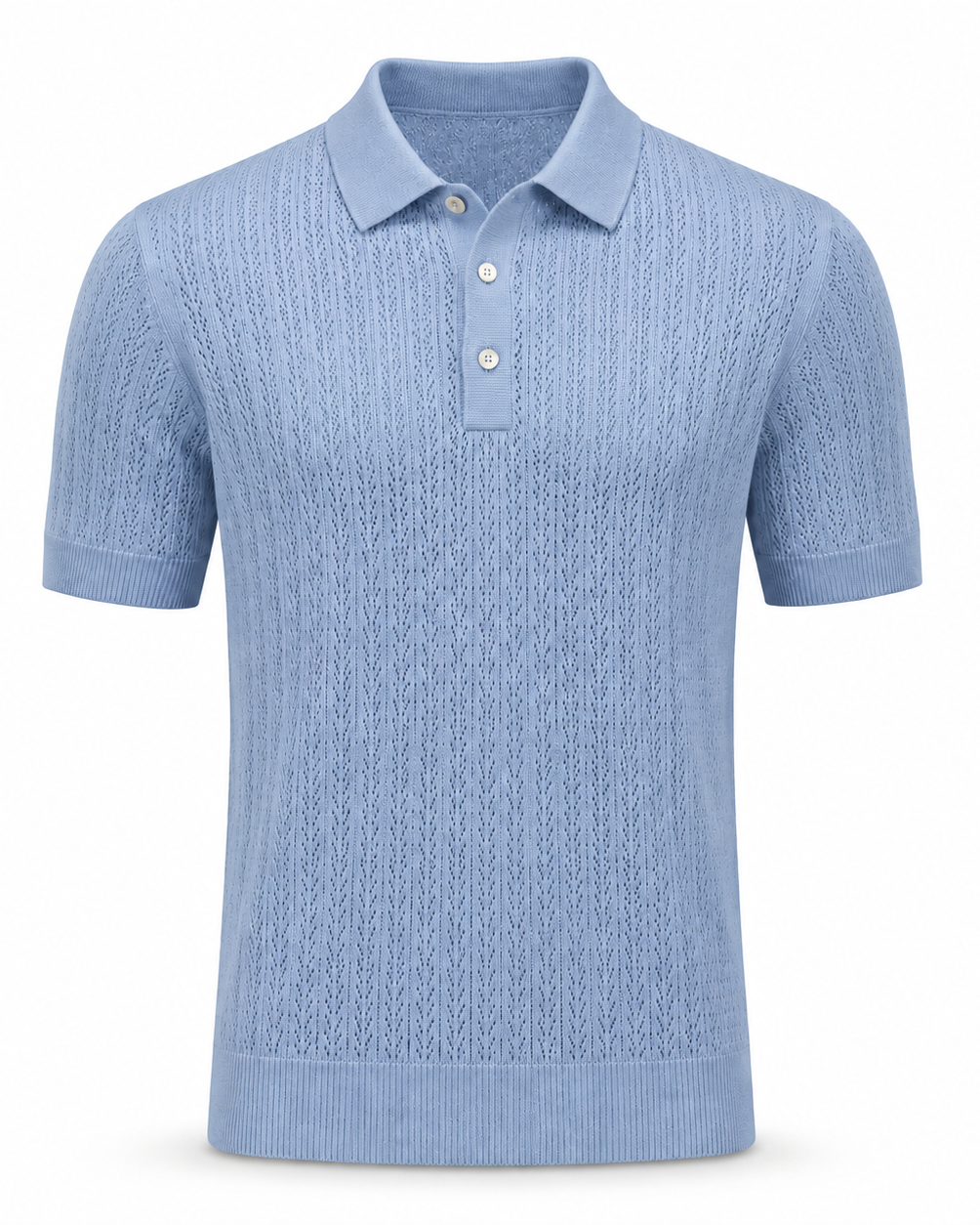Loro Piana Cashmere Silk Linen Polo Shirt in a soft powder blue featuring a delicate openwork knit pattern, short sleeves, a classic collar, and a refined three-button placket for elegant leisure dressing.