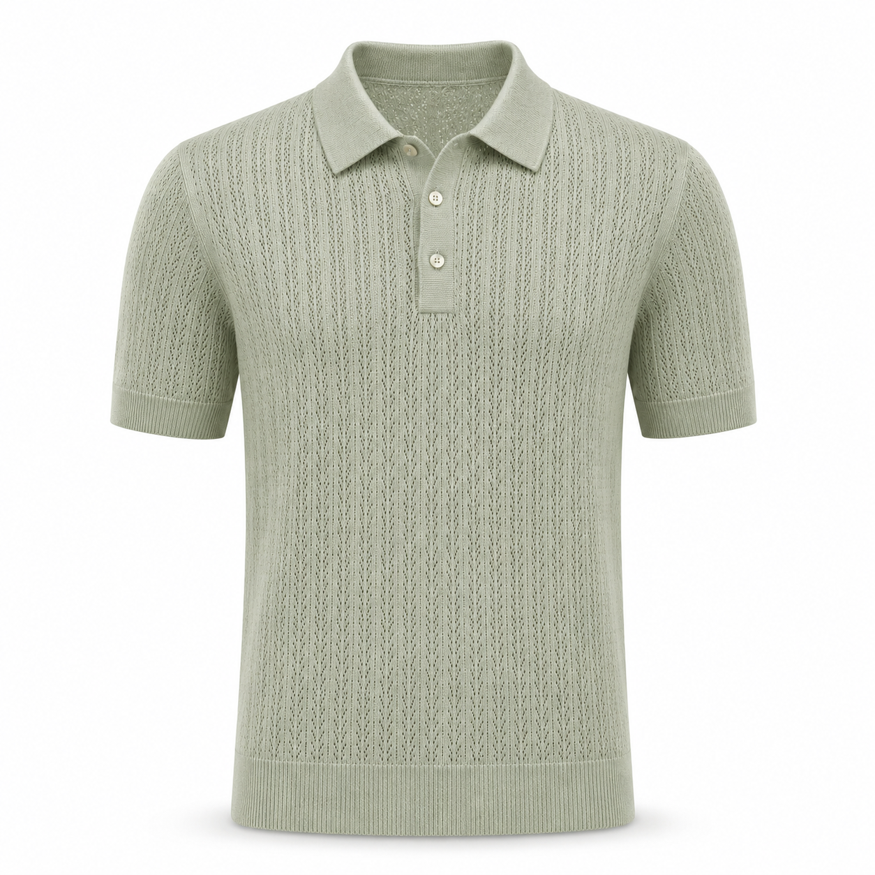 Loro Piana Cashmere Silk Linen Polo Shirt in a muted sage tone, featuring a lightweight openwork knit pattern, short sleeves, and a classic three-button placket for sophisticated summer leisurewear.