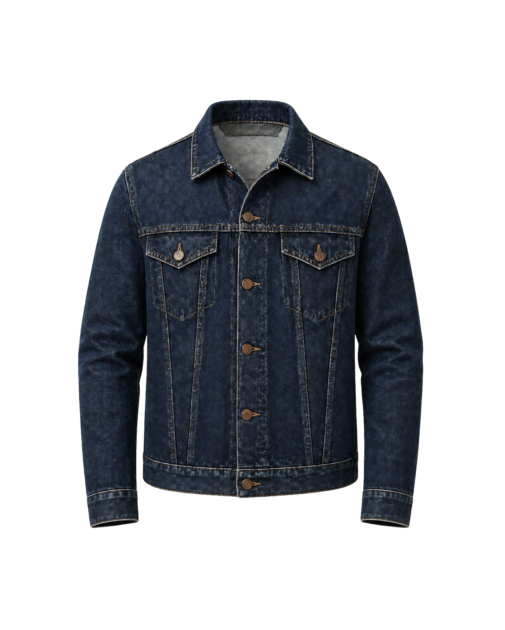 Stonewashed Indigo Japanese Selvedge Denim Jacket displayed front-facing, featuring classic button closures, chest flap pockets, and detailed stitching on rich indigo denim fabric.