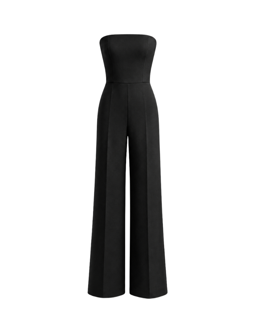 Women's black Loro Piana wool city hall wedding jumpsuit front view