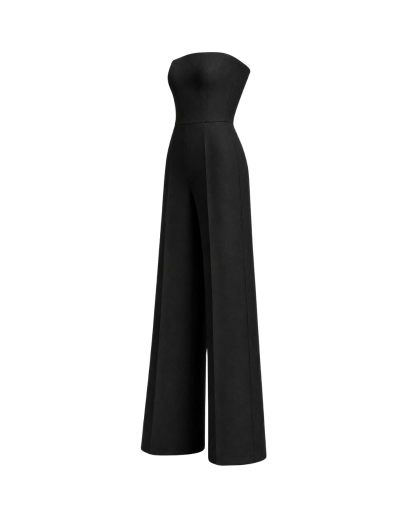 Women's black Loro Piana wool city hall wedding jumpsuit side view