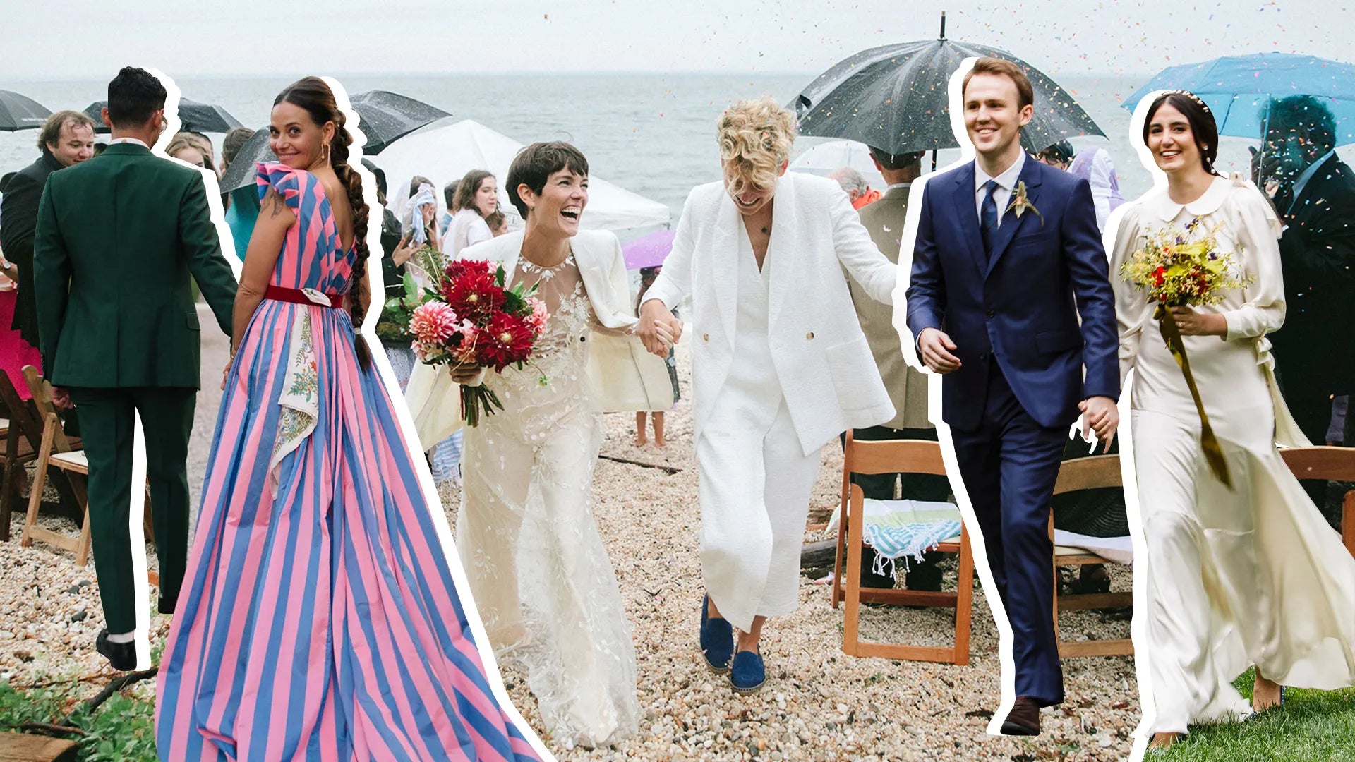 Group of people celebrating outdoors near a beach in varied formal attire including a blue suit, white tailored pantsuit, colorful striped dress, and elegant gowns, some holding umbrellas under rain.