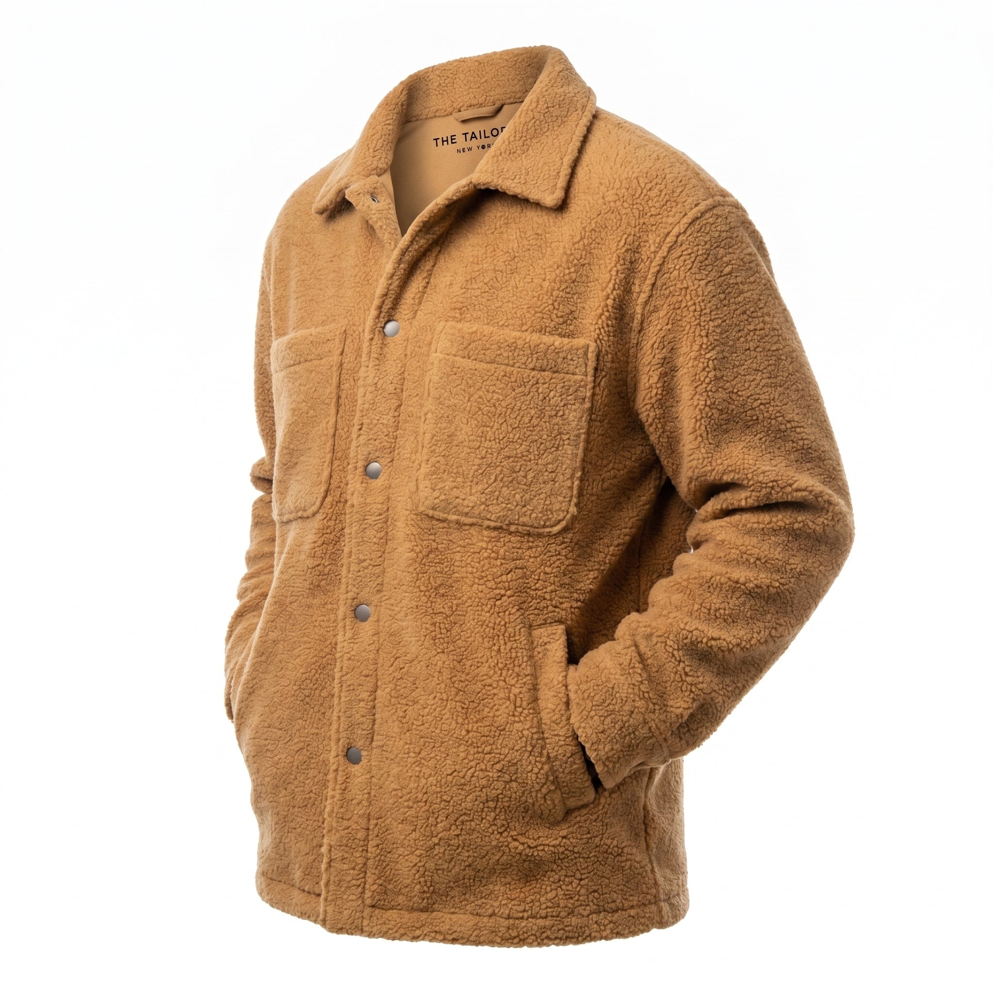 Amber Tan Italian Bouclé Fleece Snap-Front Overjacket — three-quarter right view — The Tailory NYC, Director's Cut