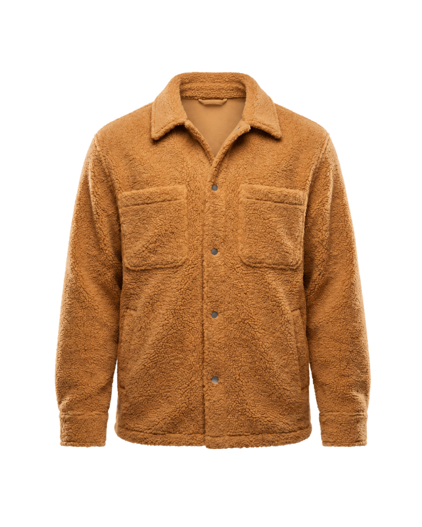 Front view of the Amber Tan Italian Bouclé Fleece Snap-Front Overjacket with textured fleece, snap-front closure, chest patch pockets, side pockets, and relaxed silhouette.