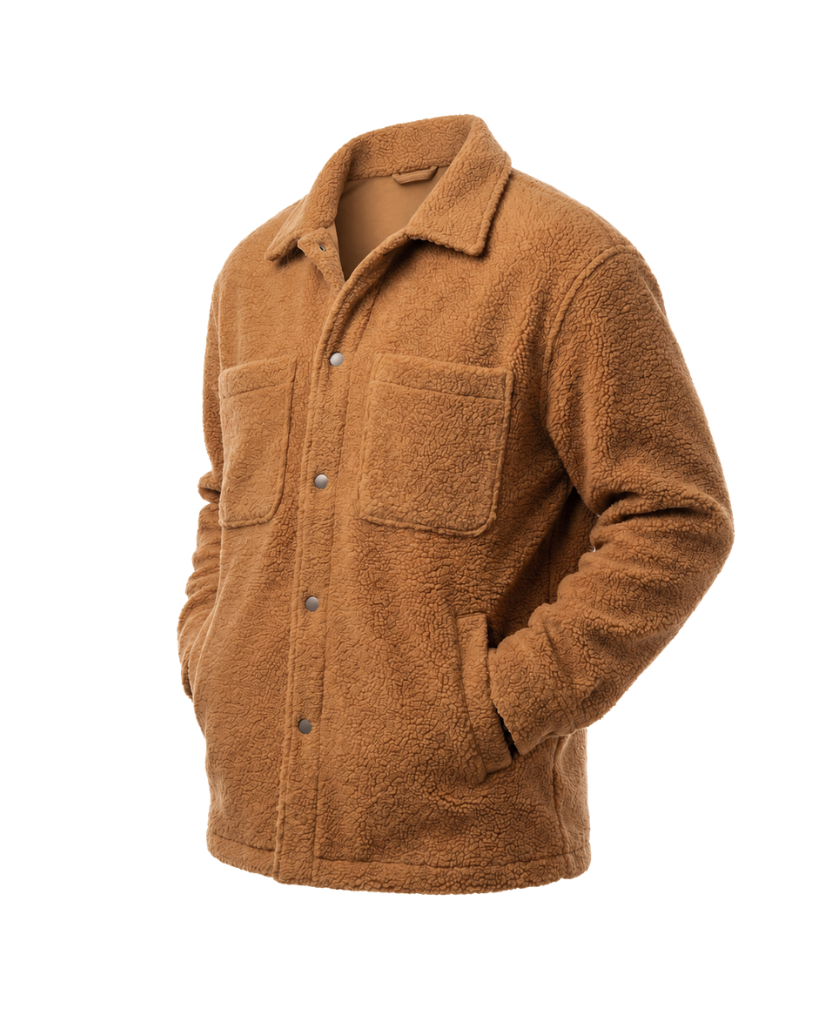 Three-quarter view of the Amber Tan Italian Bouclé Fleece Snap-Front Overjacket with a classic collar, snap-front closure, patch pockets, and warm textured fleece.