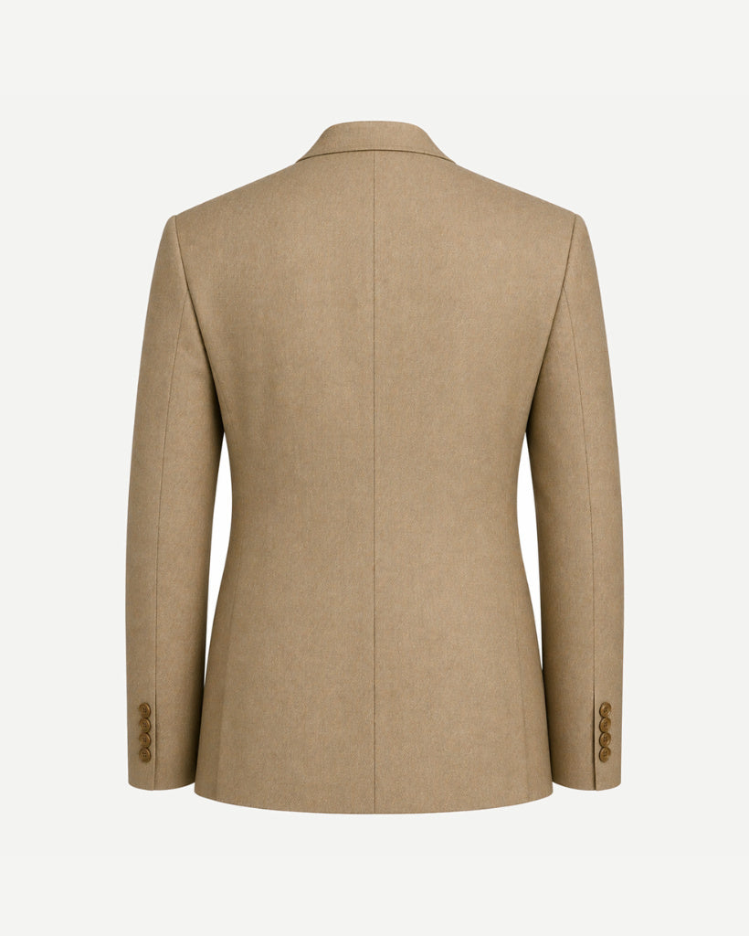 Beige Wool Summer Wedding Blazer shown from the back, tailored in lightweight wool with a streamlined fit, featuring a clean center seam and functional button cuffs for elegant summer wear.