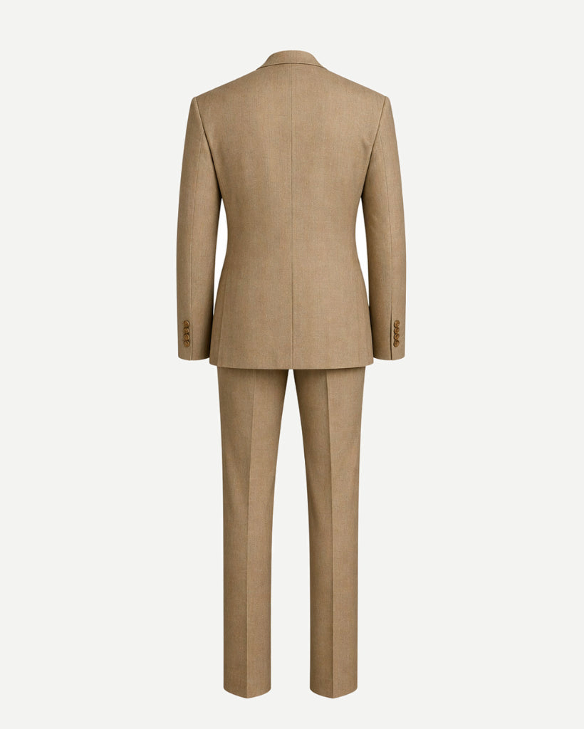 Beige Wool Summer Wedding Suit shown from the back, crafted in lightweight beige wool with a tailored fit, featuring a structured jacket with long sleeves and matching straight-leg trousers for elegant summer suiting.