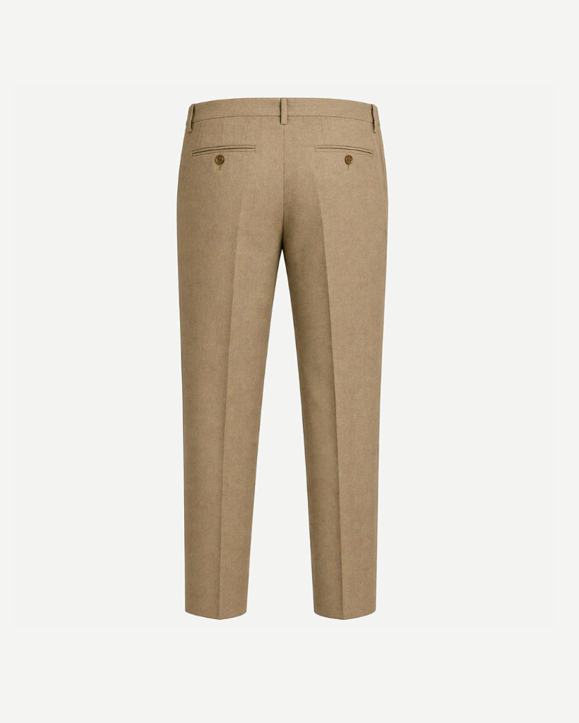 Beige Wool Summer Wedding Trousers shown from the back in a smooth beige wool fabric, featuring tailored straight legs with welt pockets and button closures for refined summer formalwear.