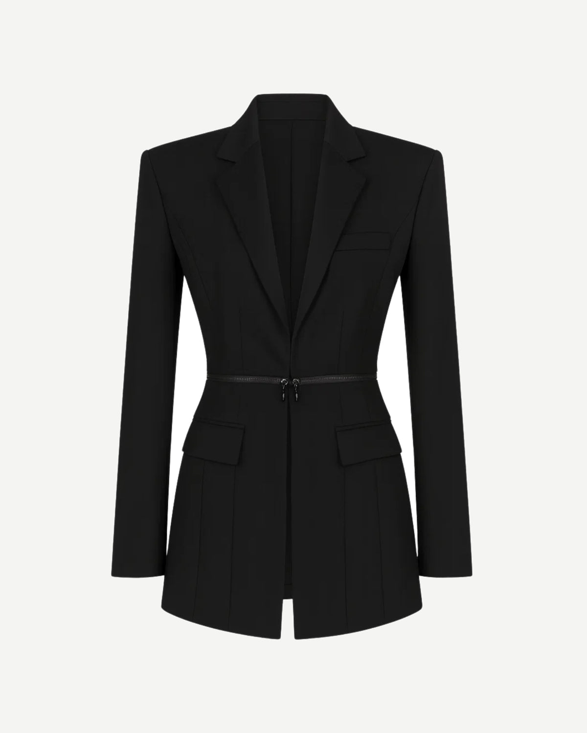 Tailory black belted blazer with peak lapels front view