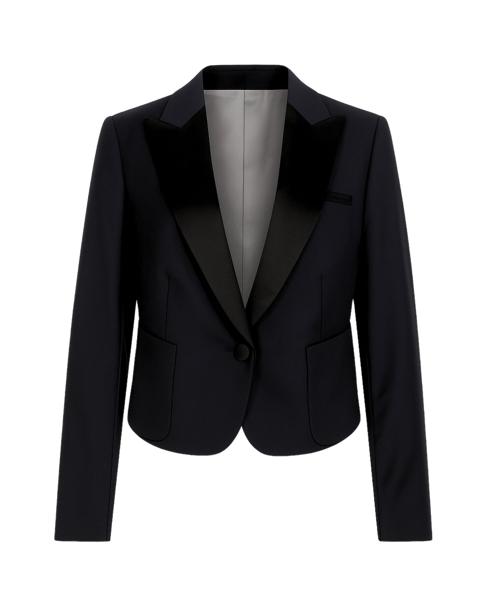 Black Cropped Blazer Formal Tuxedo Jacket Satin Lapels featuring a tailored cropped fit, smooth satin peak lapels, single-button closure, and front flap pockets for refined formalwear.