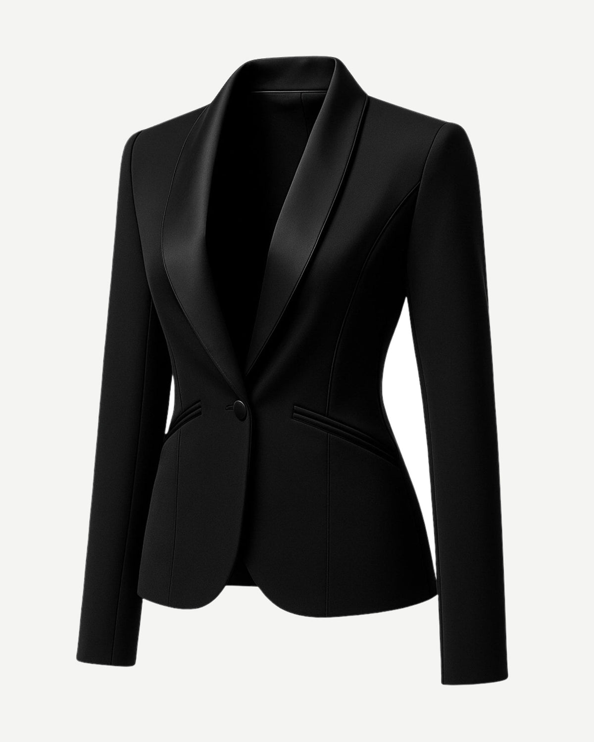 Black Fitted Blazer Shawl Collar Single Button Formal featuring a sleek tailored fit, smooth satin shawl collar, single-button closure, and slim long sleeves for sophisticated formalwear.