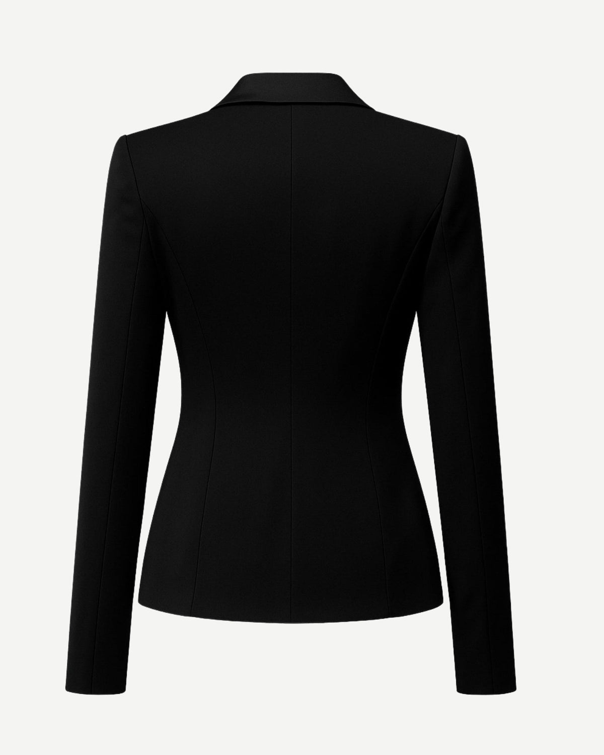 Black Fitted Blazer Shawl Collar Single Button Formal shown from the back, featuring a streamlined tailored fit with long sleeves and precise seam detailing for a polished silhouette.