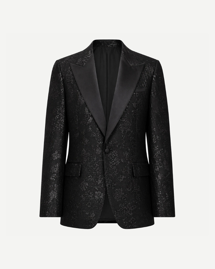 Tailory black floral jacquard tuxedo blazer front view